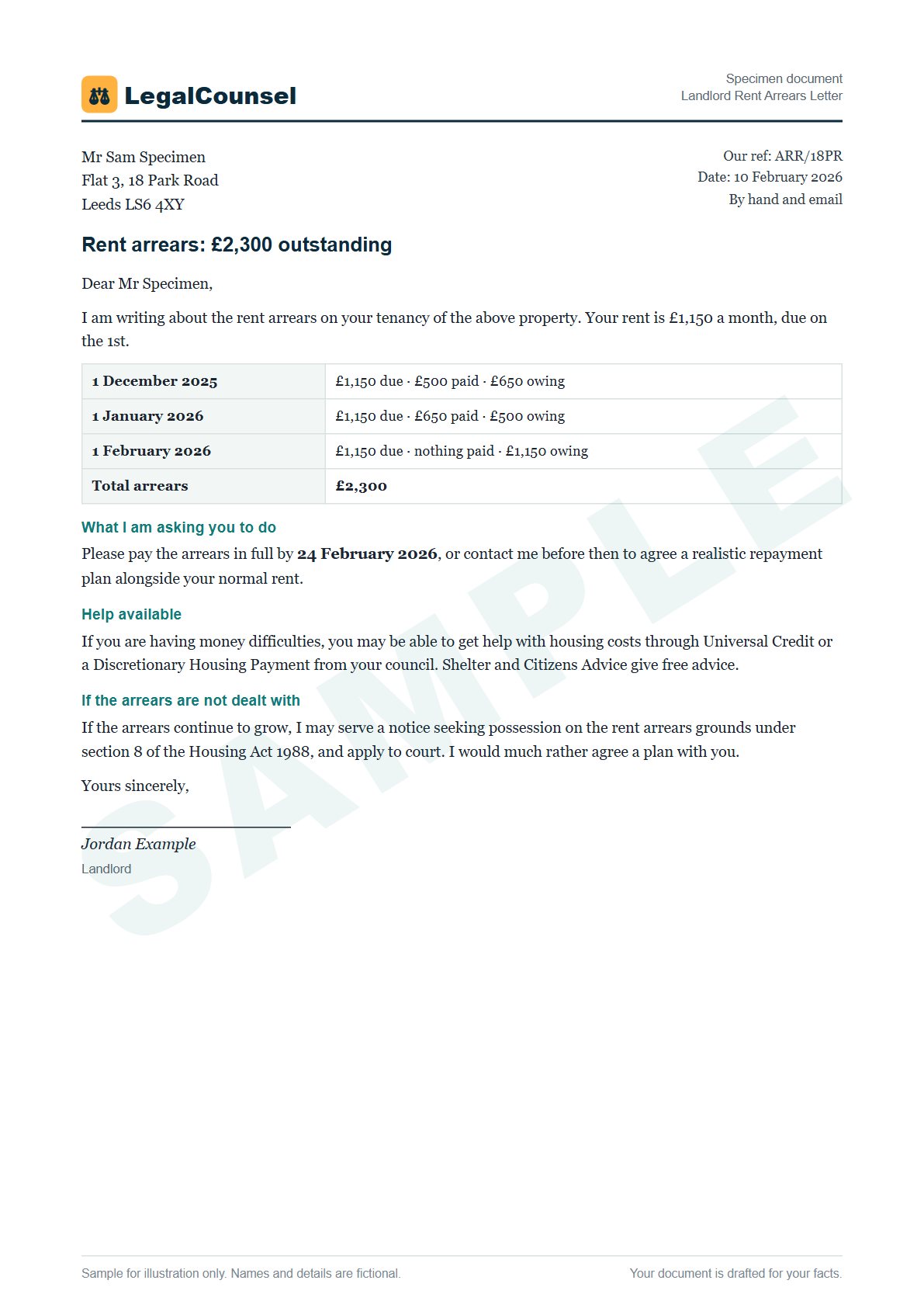 Sample Landlord Rent Arrears Letter prepared by our lawyers, with fictional names