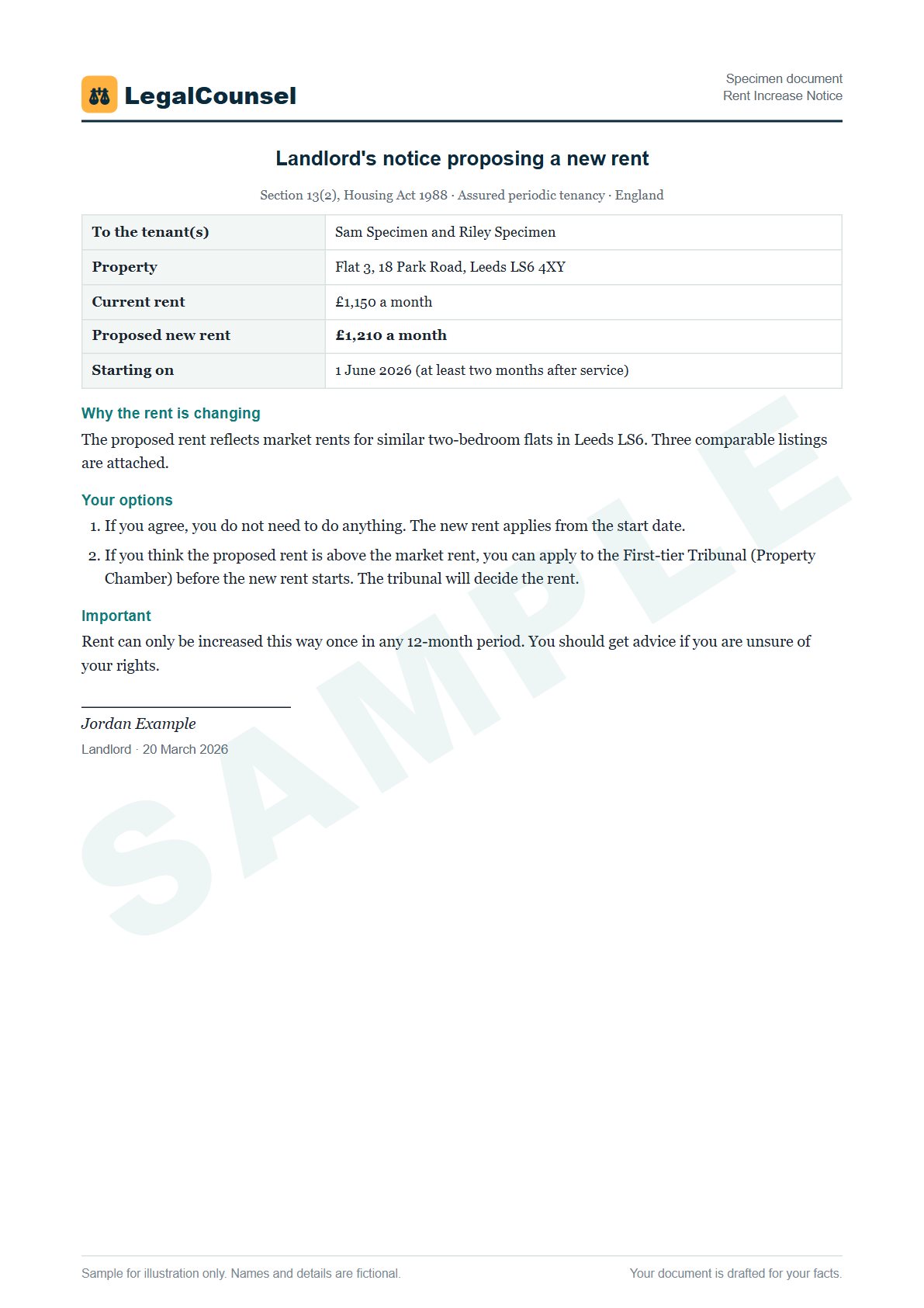Sample Rent Increase Notice prepared by our lawyers, with fictional names
