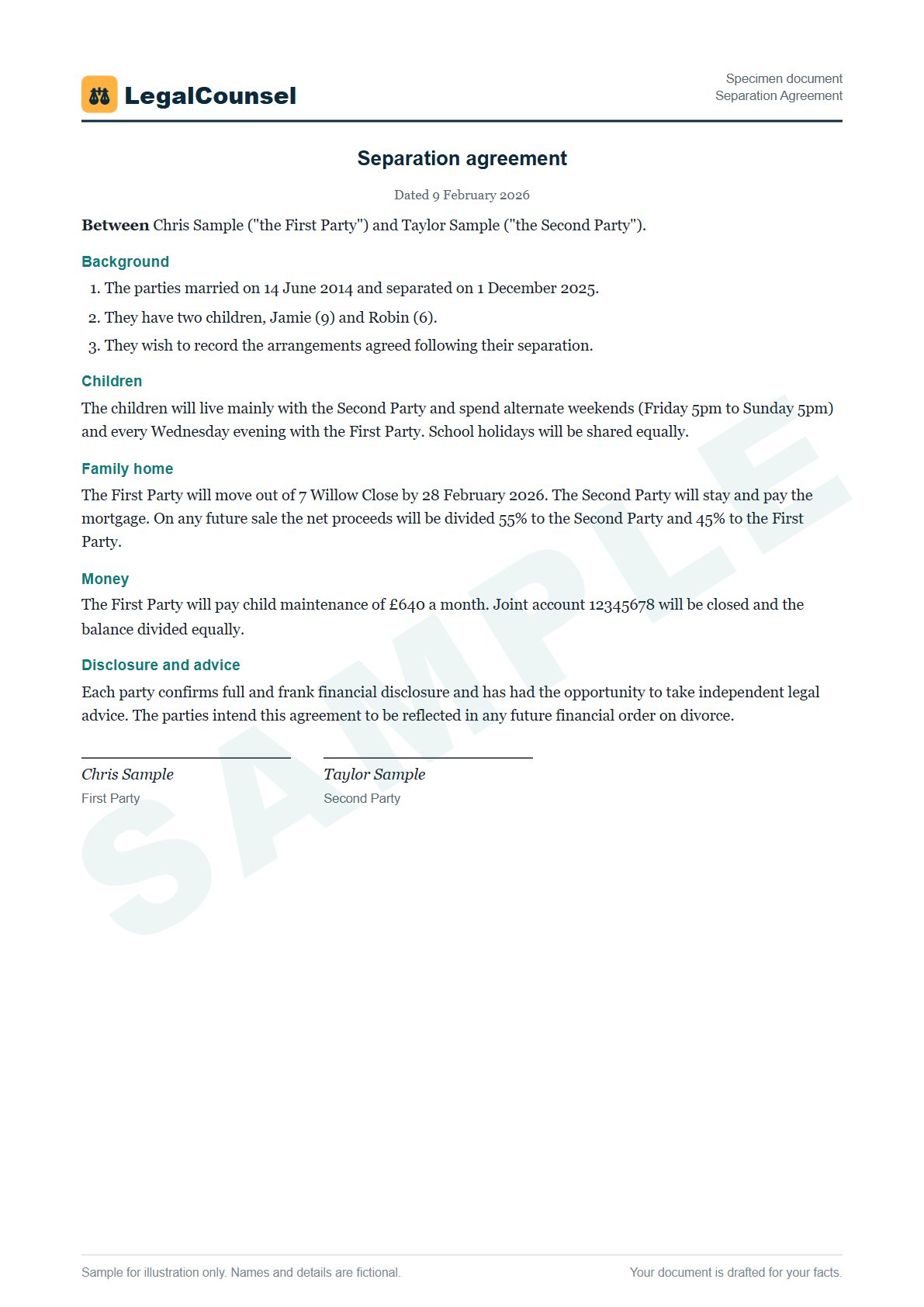 Sample Separation Agreement prepared by our lawyers, with fictional names