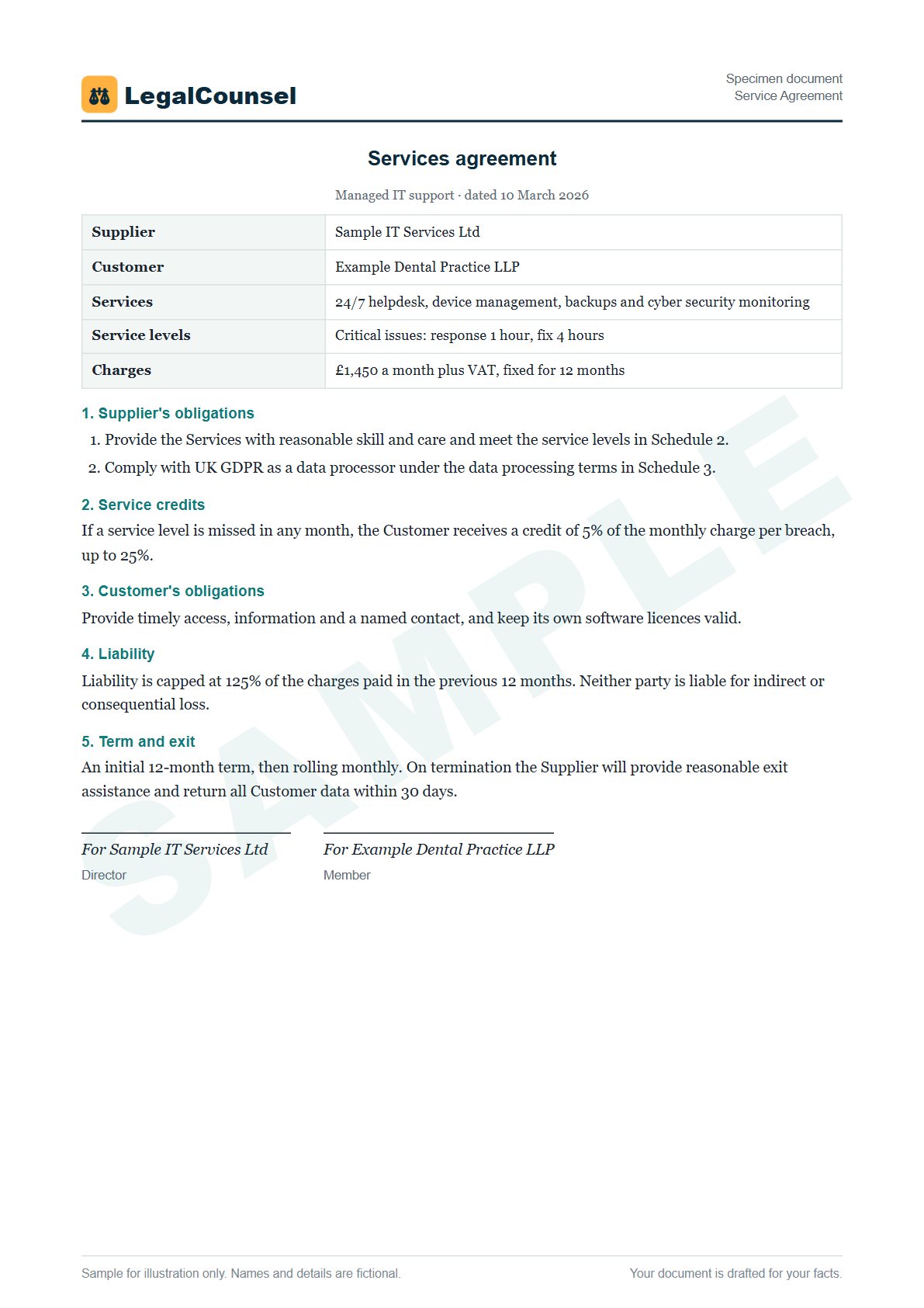 Sample Service Agreement prepared by our lawyers, with fictional names