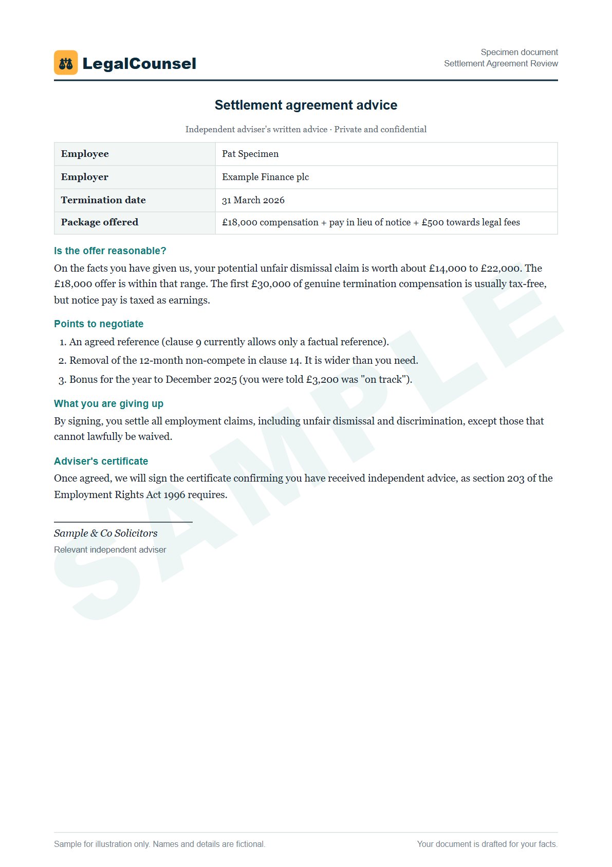 Sample Settlement Agreement Review prepared by our lawyers, with fictional names