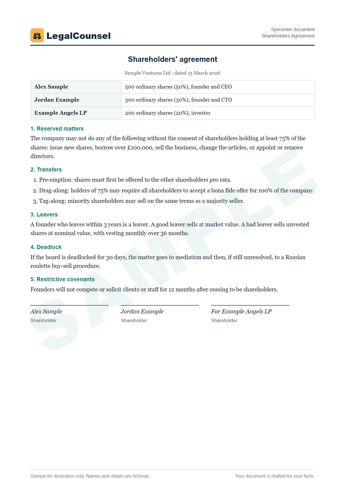 Sample Shareholders Agreement prepared by our lawyers, with fictional names