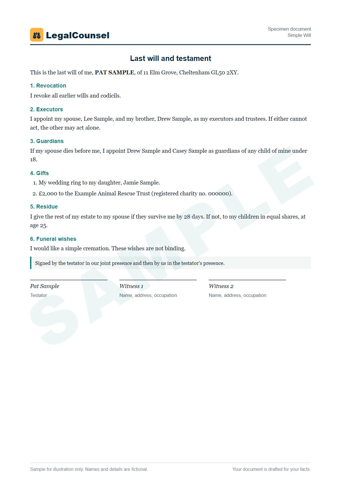 Sample Simple Will prepared by our lawyers, with fictional names