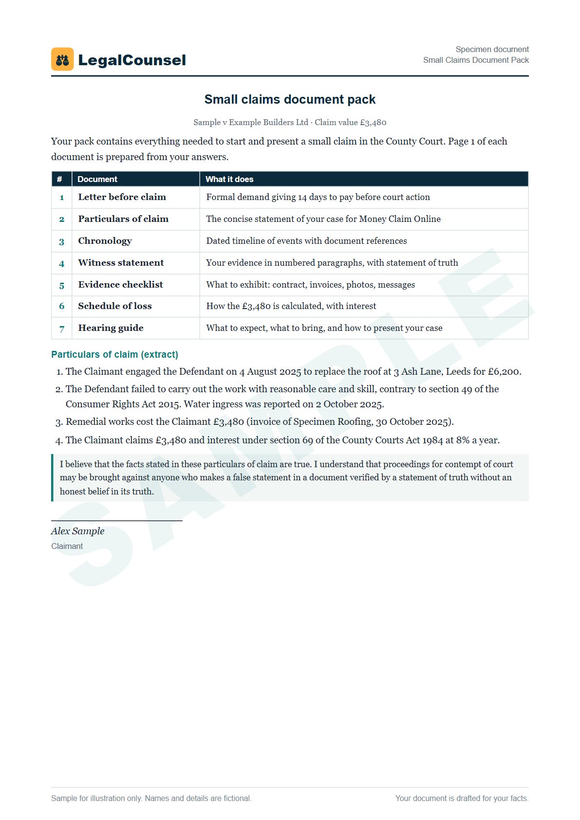 Sample Small Claims Document Pack prepared by our lawyers, with fictional names