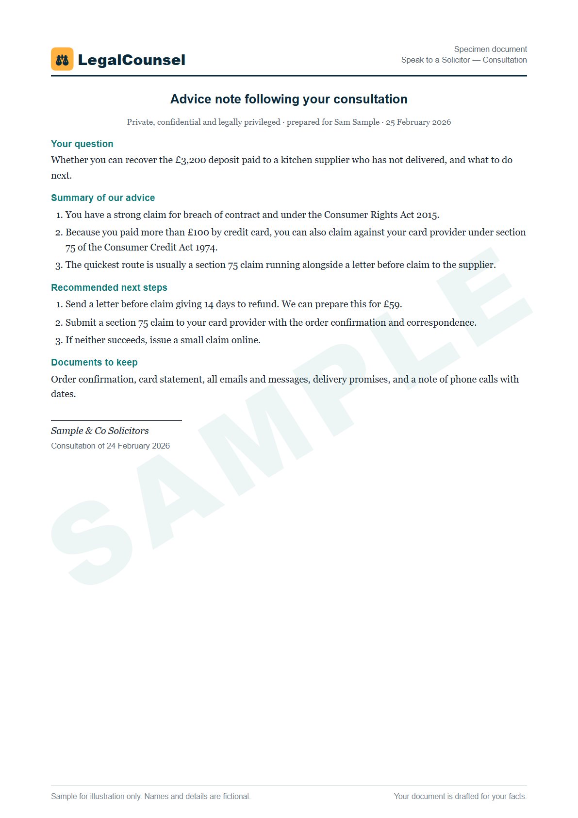 Sample Speak to a Solicitor — Consultation prepared by our lawyers, with fictional names