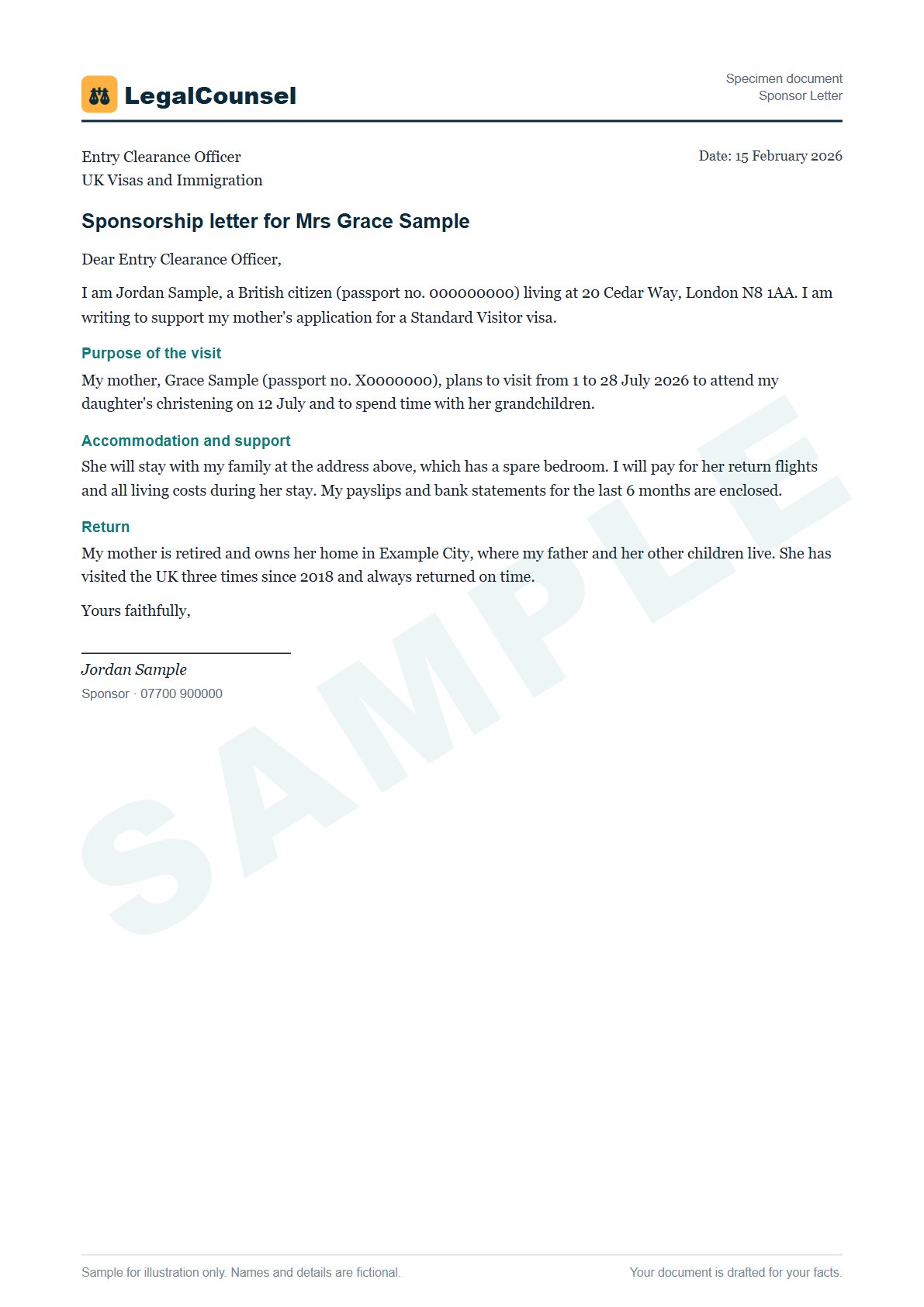 Sample Sponsor Letter prepared by our lawyers, with fictional names