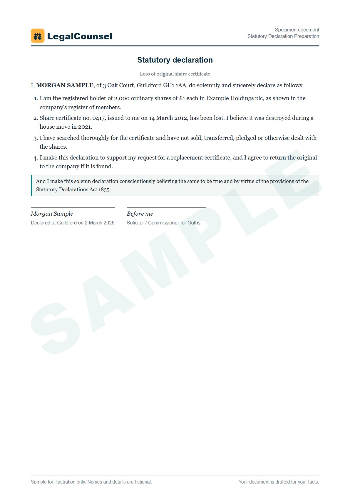 Sample Statutory Declaration Preparation prepared by our lawyers, with fictional names