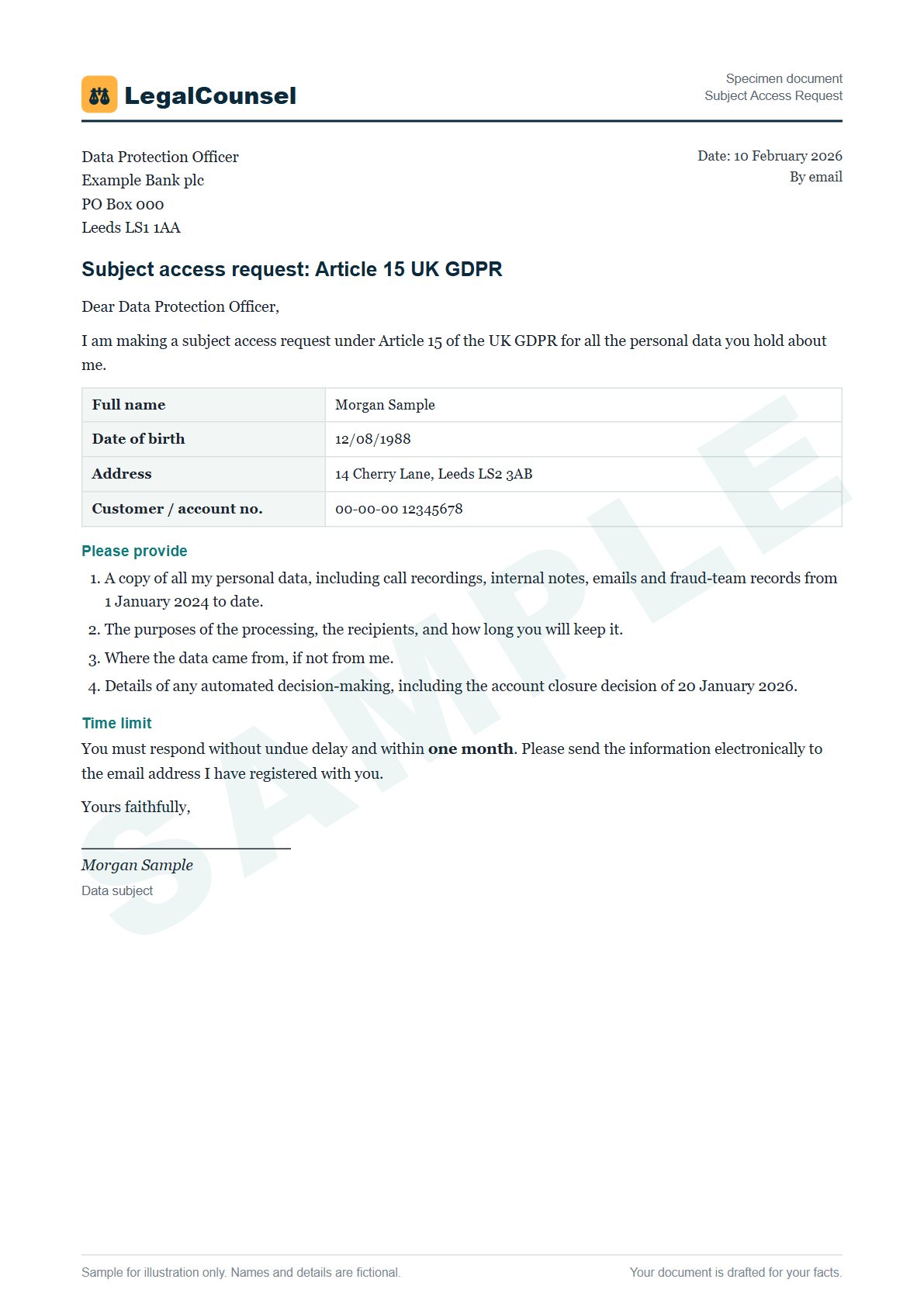 Sample Subject Access Request prepared by our lawyers, with fictional names