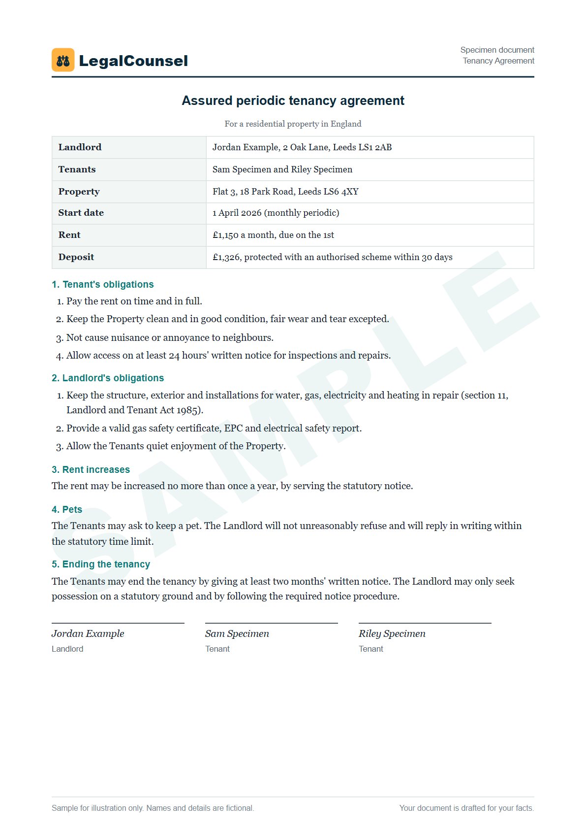 Sample Tenancy Agreement prepared by our lawyers, with fictional names
