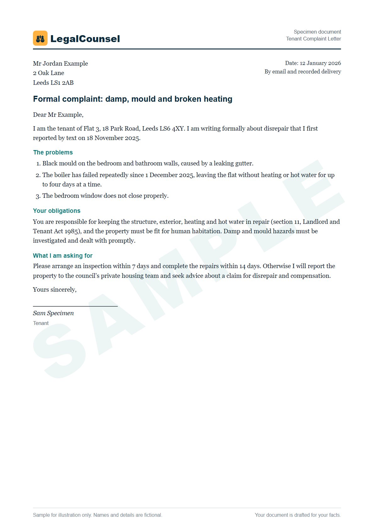 Sample Tenant Complaint Letter prepared by our lawyers, with fictional names