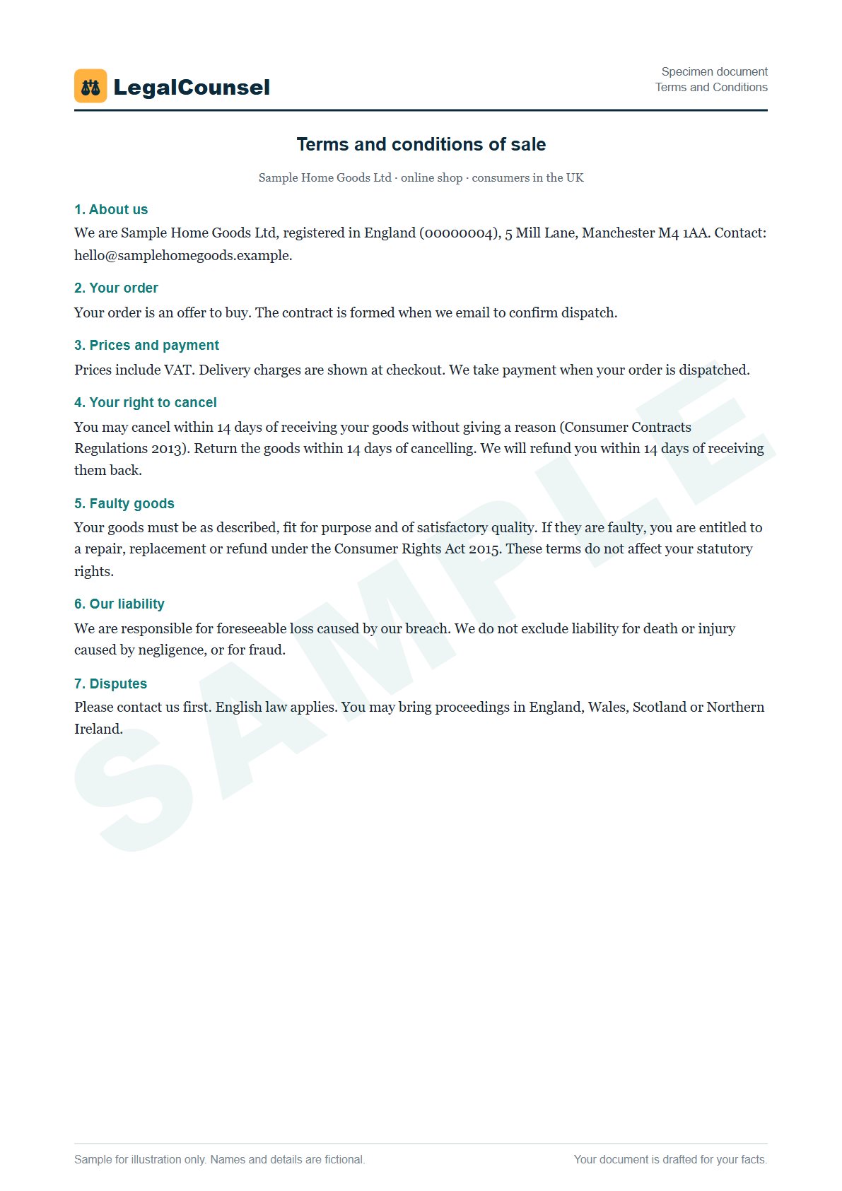 Sample Terms and Conditions prepared by our lawyers, with fictional names
