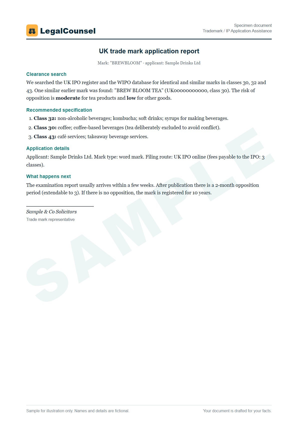 Sample Trademark / IP Application Assistance prepared by our lawyers, with fictional names