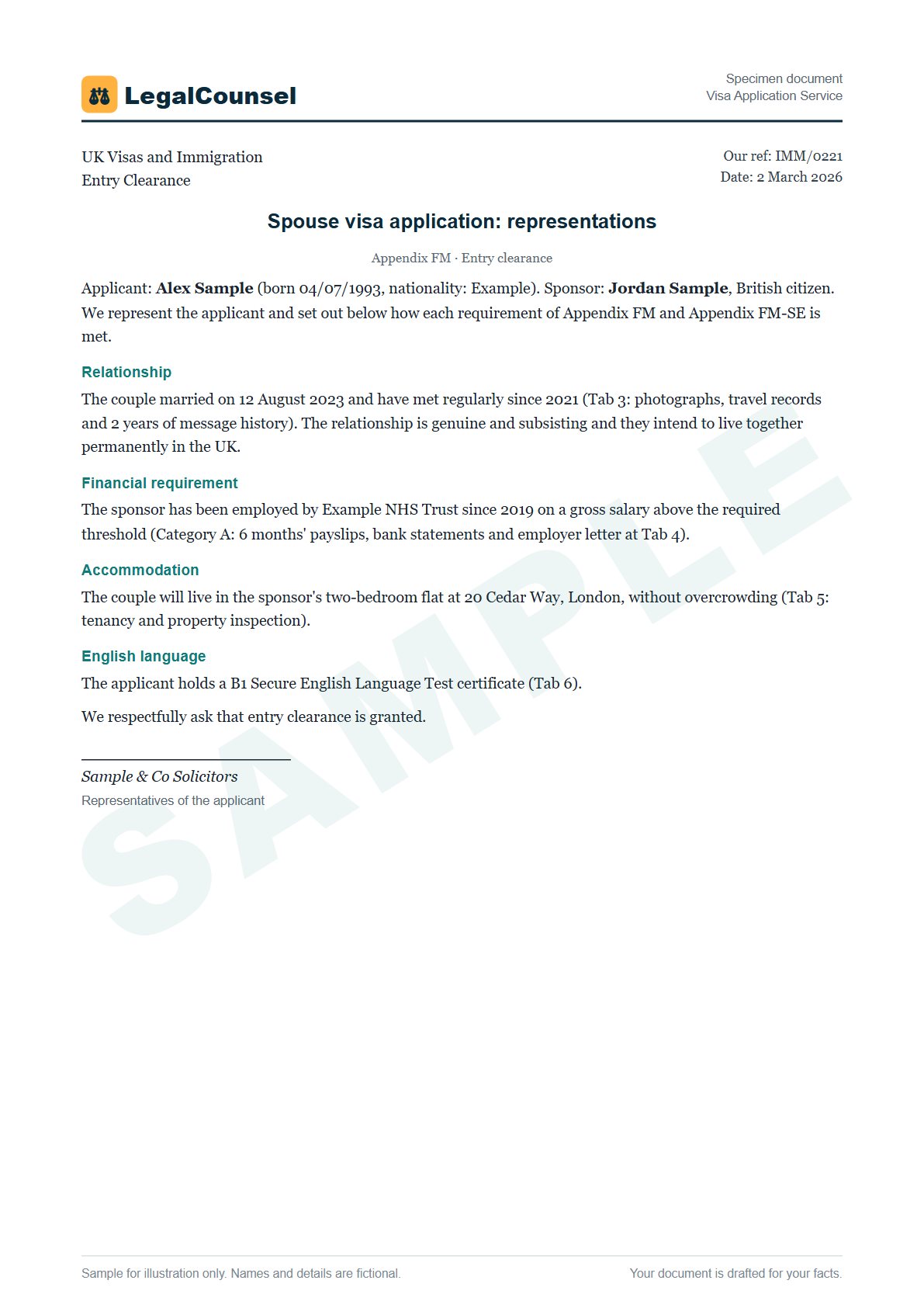 Sample Visa Application Service prepared by our lawyers, with fictional names