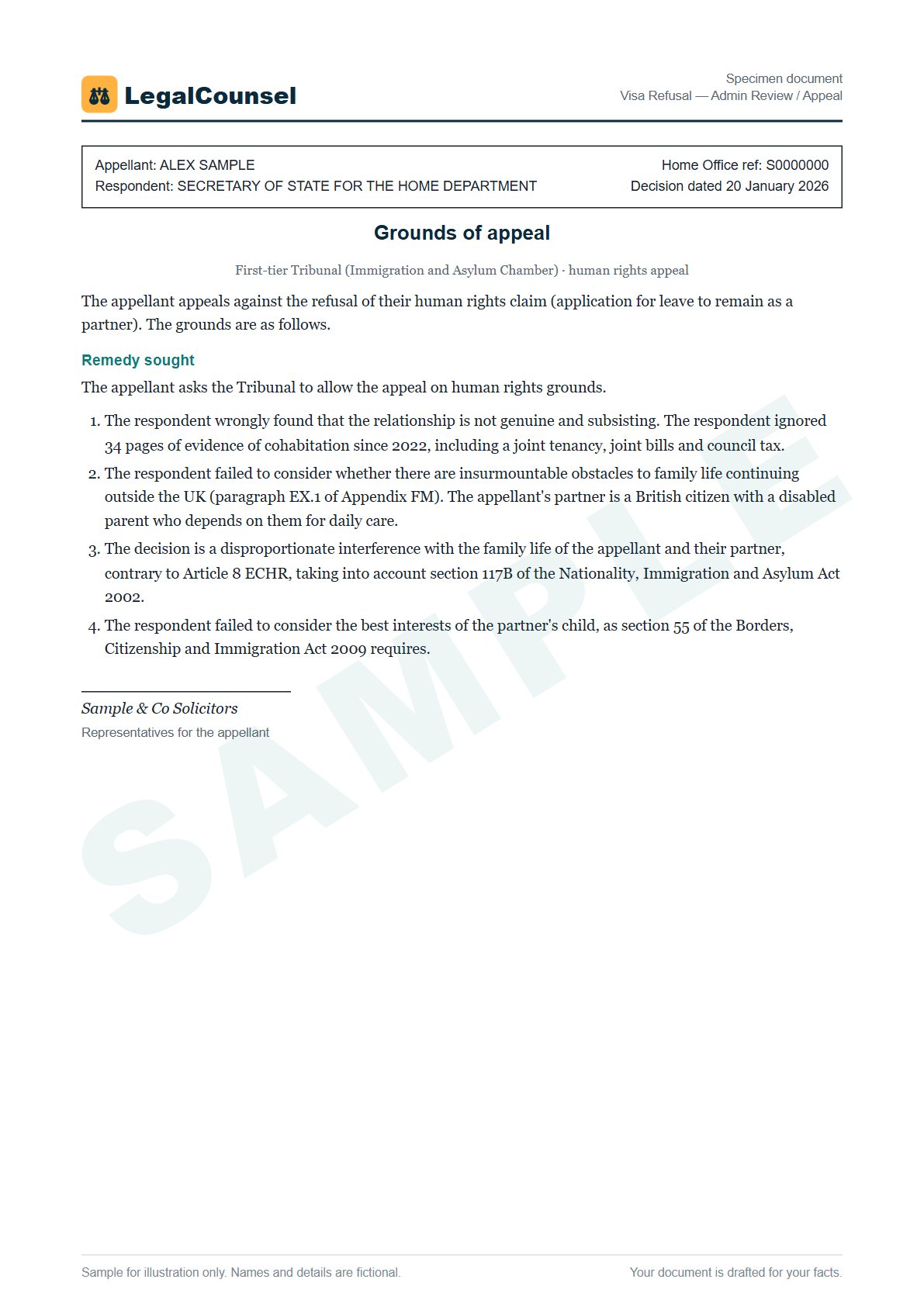Sample Visa Refusal — Admin Review / Appeal prepared by our lawyers, with fictional names