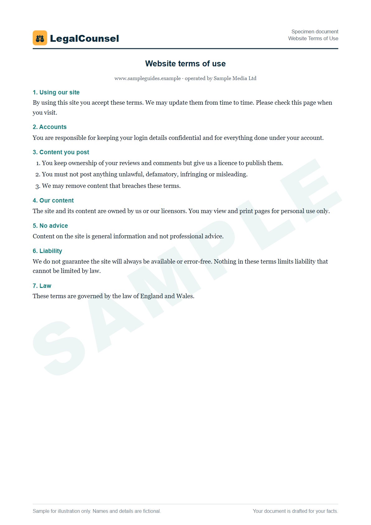 Sample Website Terms of Use prepared by our lawyers, with fictional names