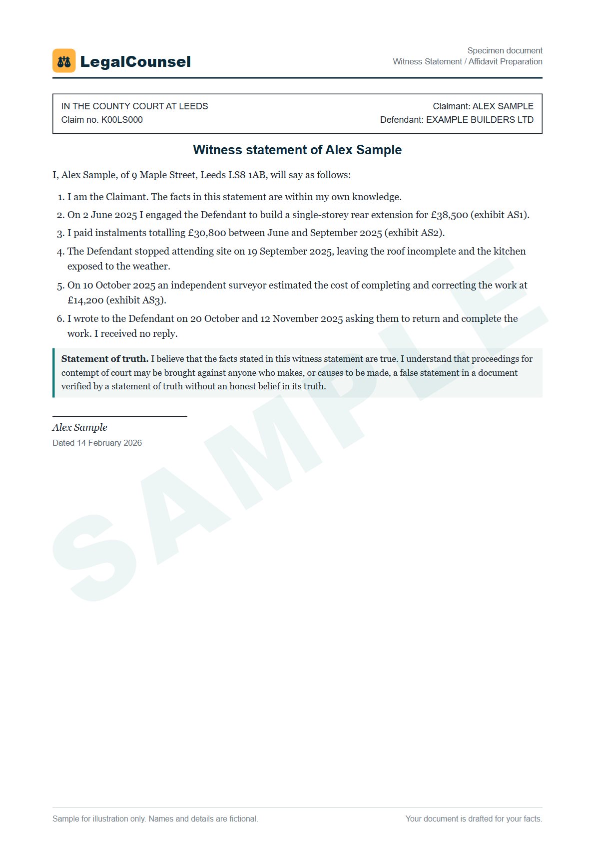 Sample Witness Statement / Affidavit Preparation prepared by our lawyers, with fictional names
