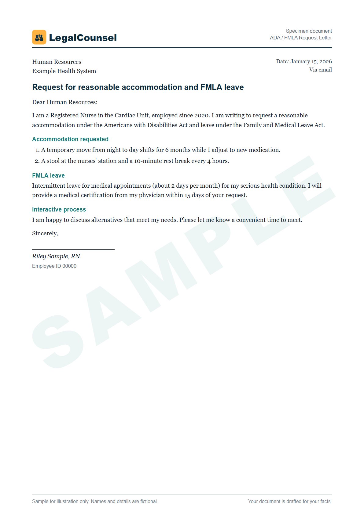 Sample ADA / FMLA Request Letter prepared by our lawyers, with fictional names