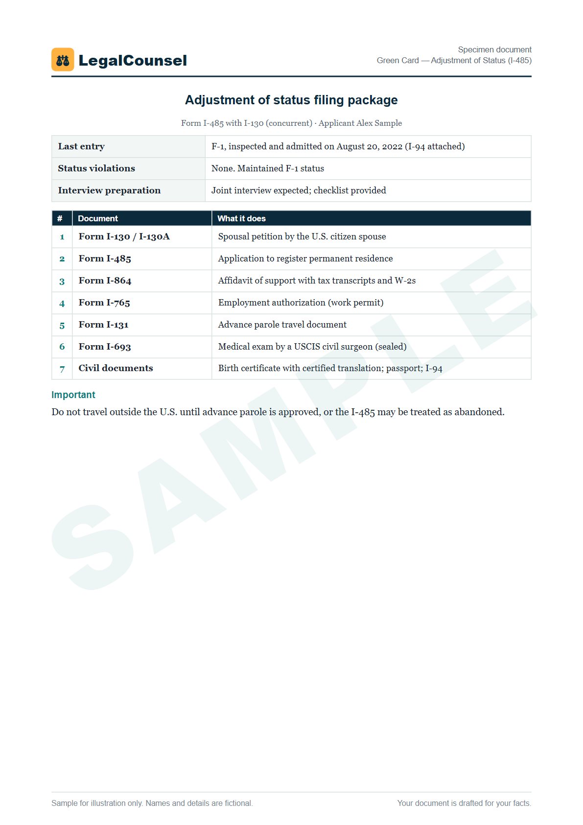 Sample Green Card — Adjustment of Status (I-485) prepared by our lawyers, with fictional names