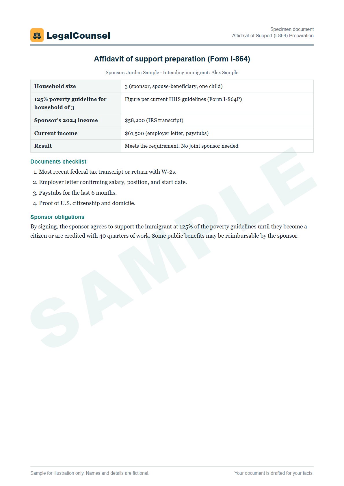 Sample Affidavit of Support (I-864) Preparation prepared by our lawyers, with fictional names
