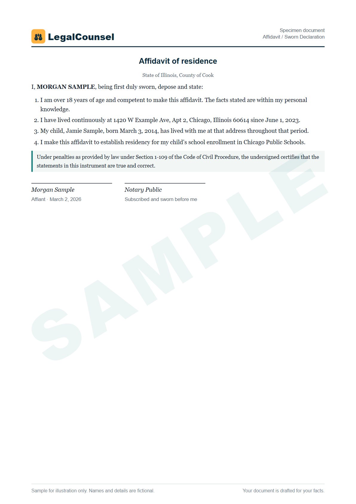 Sample Affidavit / Sworn Declaration prepared by our lawyers, with fictional names