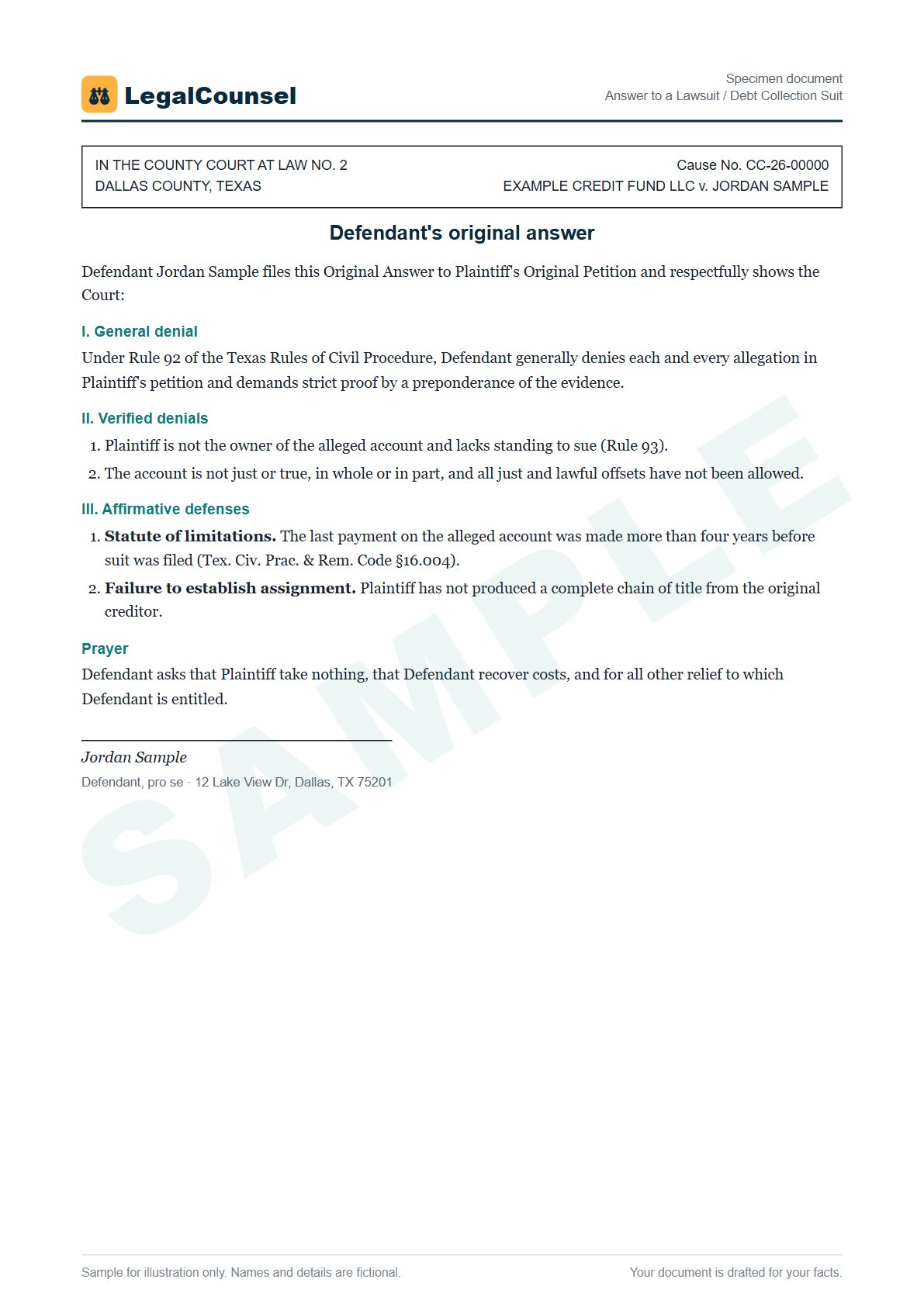 Sample Answer to a Lawsuit / Debt Collection Suit prepared by our lawyers, with fictional names