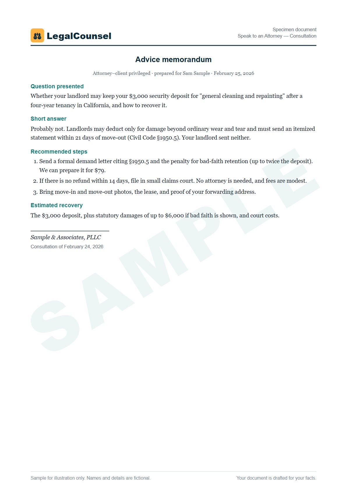 Sample Speak to an Attorney — Consultation prepared by our lawyers, with fictional names