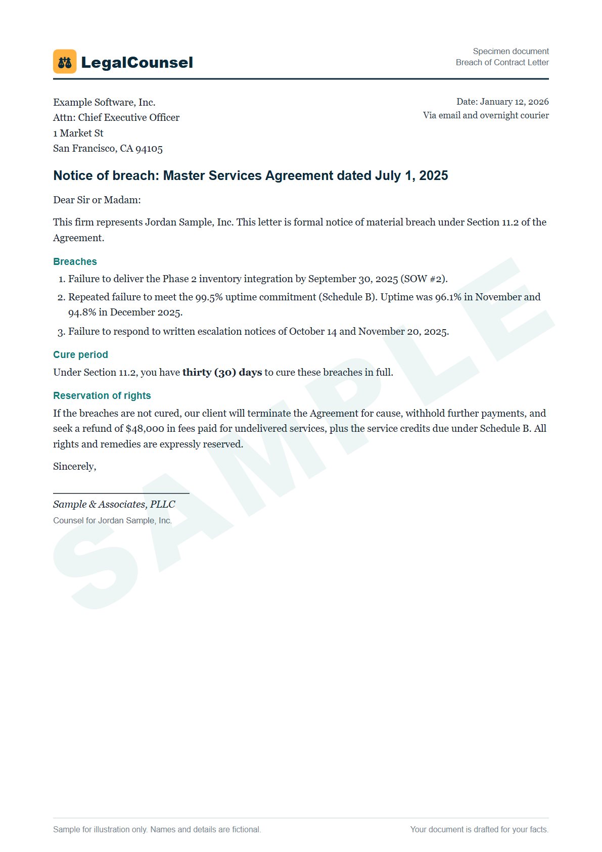 Sample Breach of Contract Letter prepared by our lawyers, with fictional names