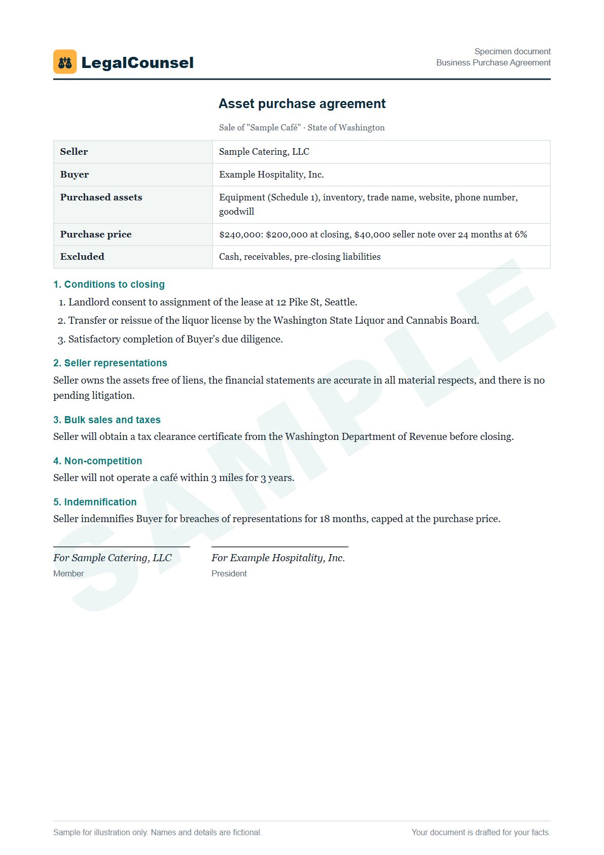 Sample Business Purchase Agreement prepared by our lawyers, with fictional names