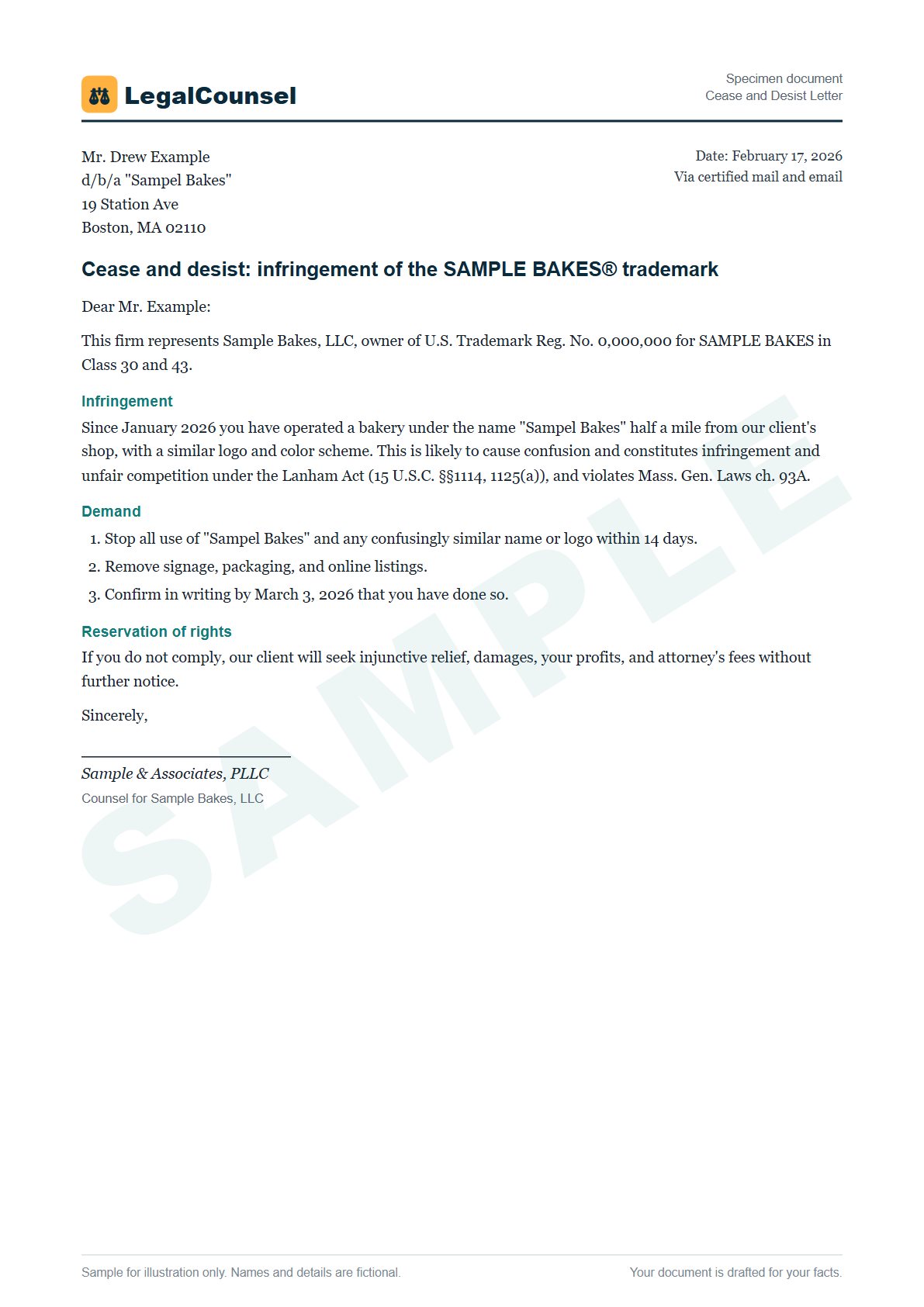 Sample Cease and Desist Letter prepared by our lawyers, with fictional names