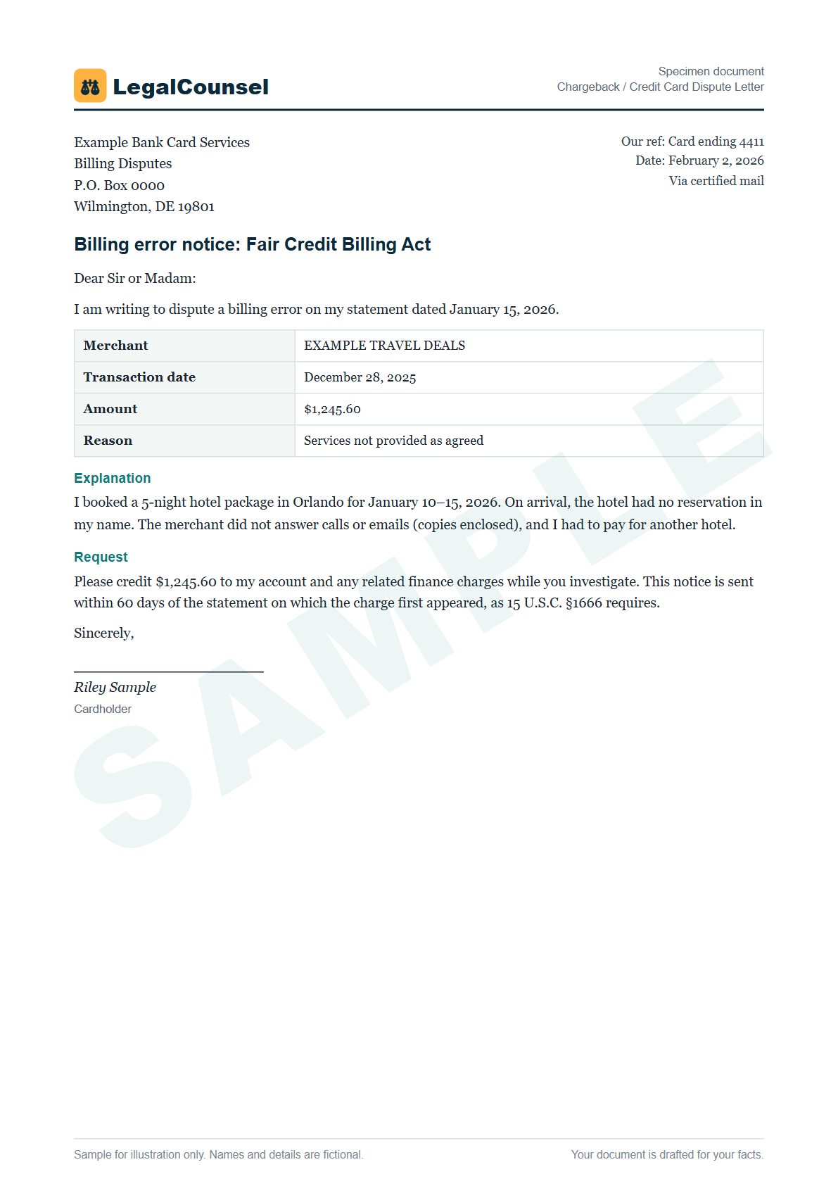 Sample Chargeback / Credit Card Dispute Letter prepared by our lawyers, with fictional names