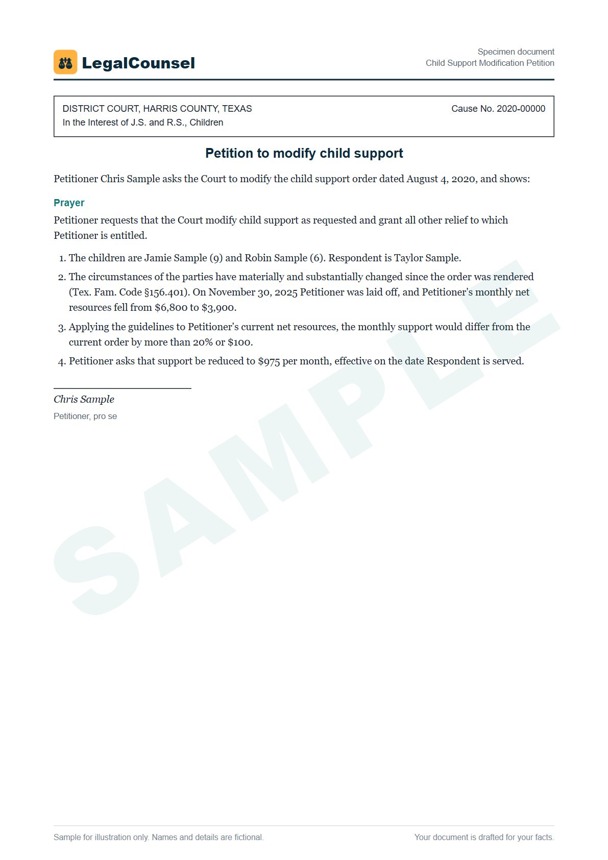 Sample Child Support Modification Petition prepared by our lawyers, with fictional names
