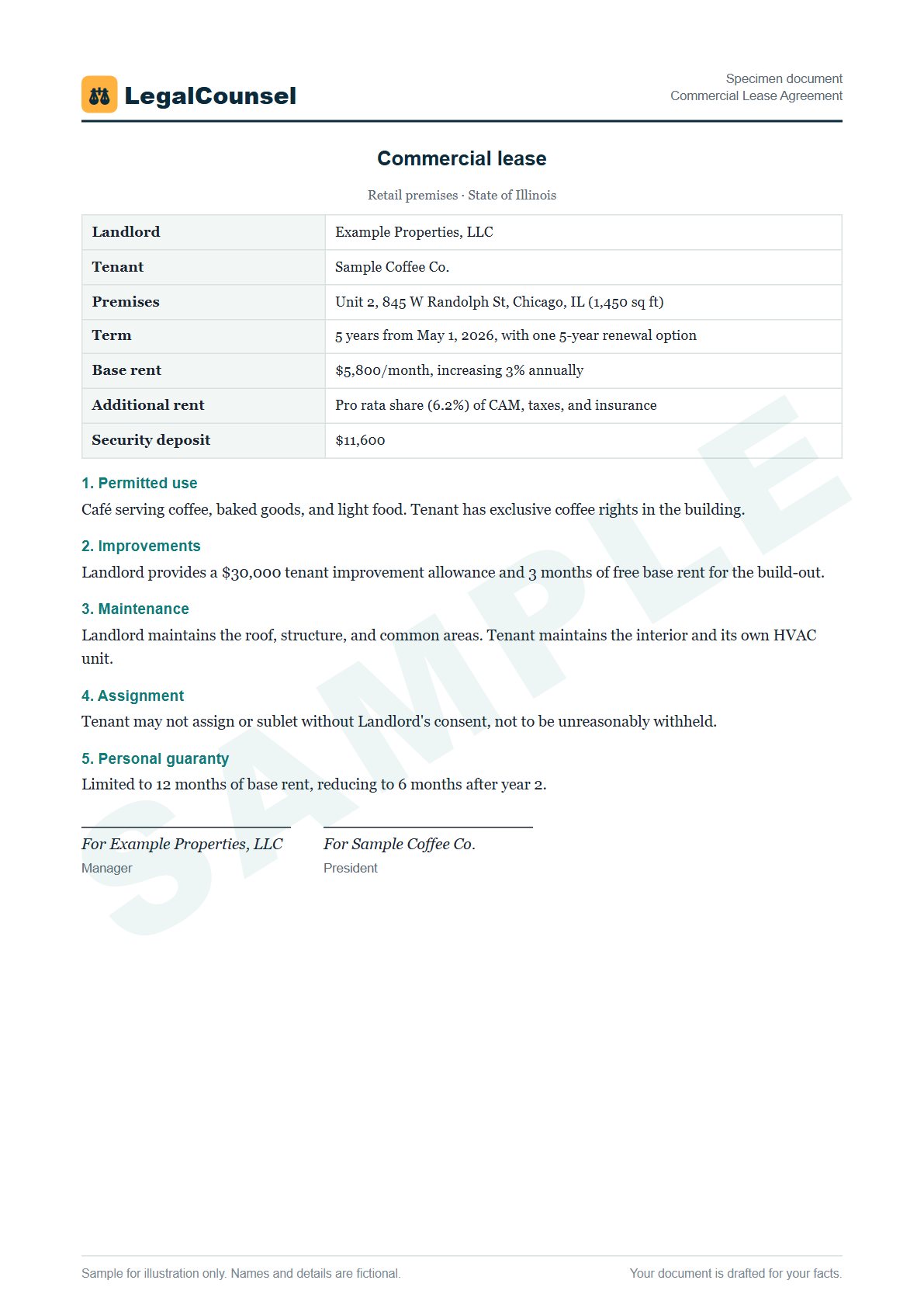 Sample Commercial Lease Agreement prepared by our lawyers, with fictional names