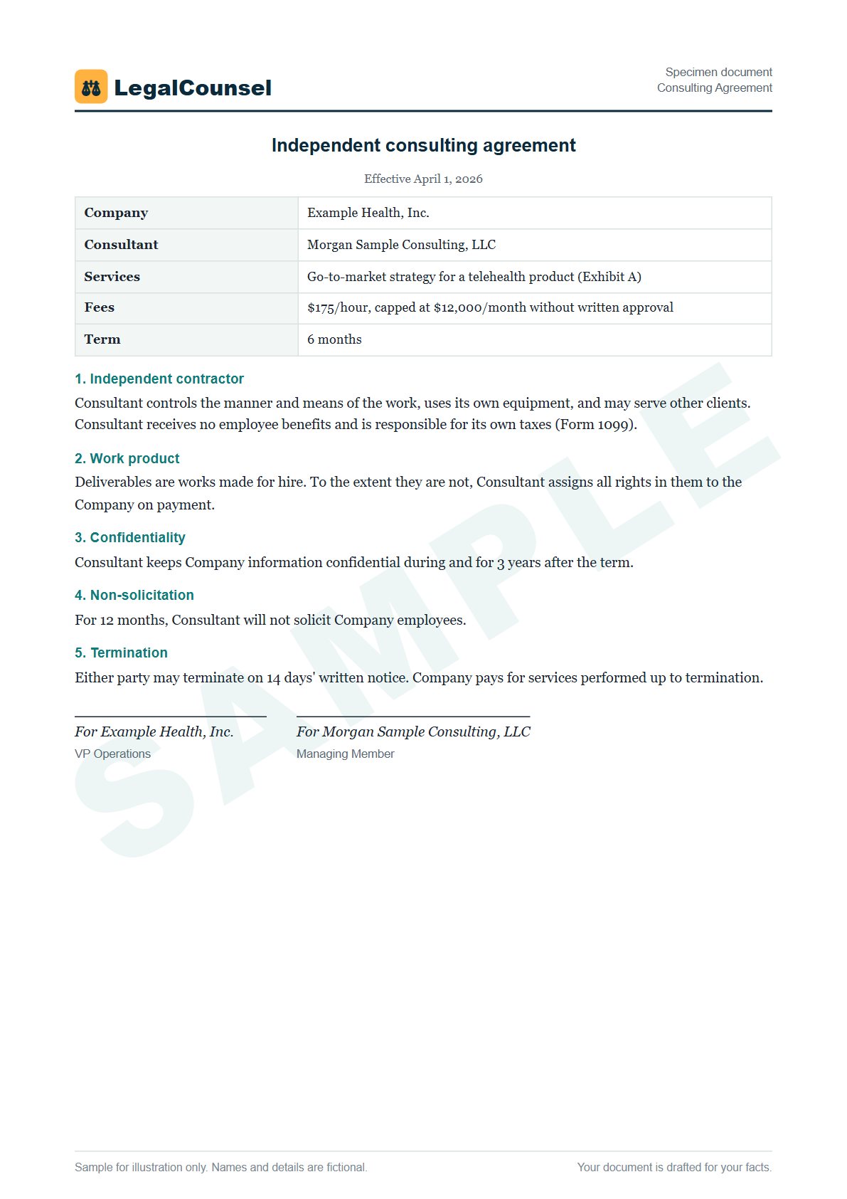 Sample Consulting Agreement prepared by our lawyers, with fictional names