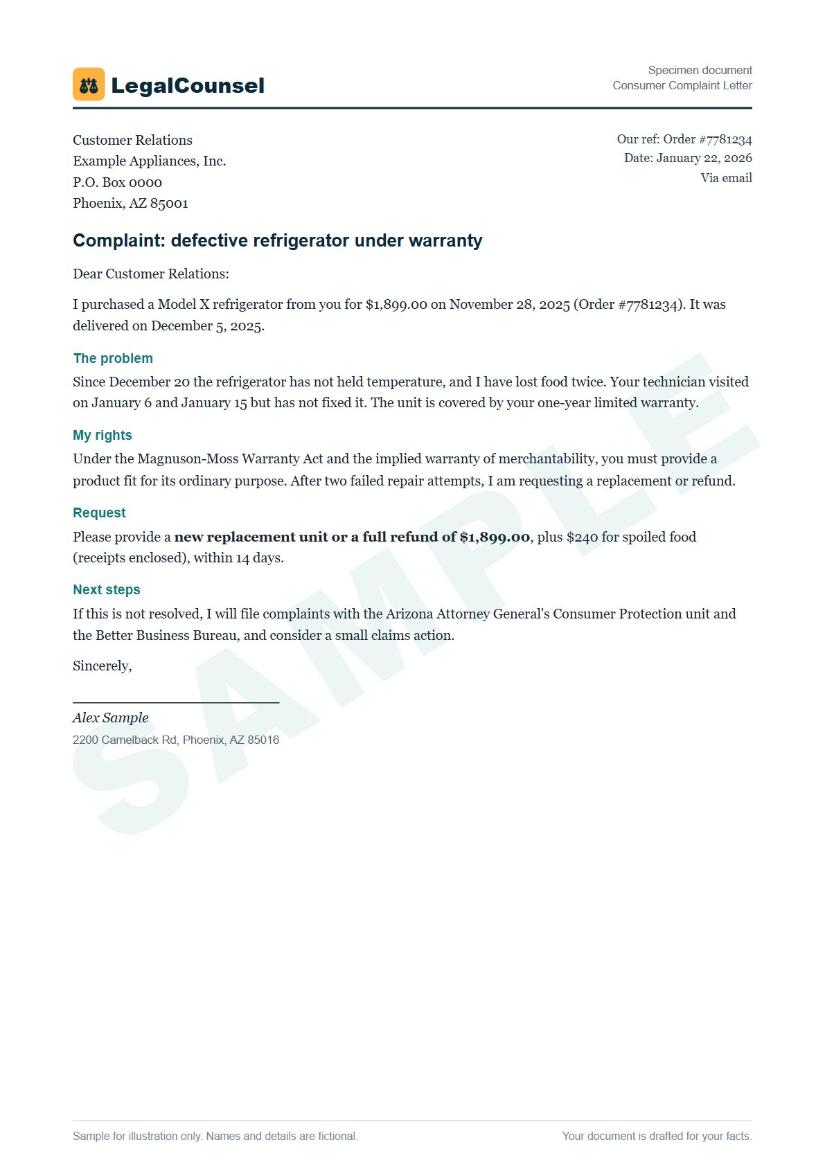 Sample Consumer Complaint Letter prepared by our lawyers, with fictional names