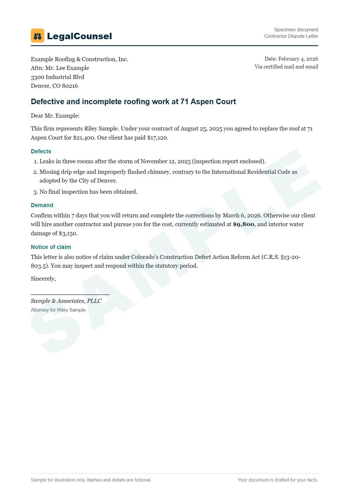 Sample Contractor Dispute Letter prepared by our lawyers, with fictional names