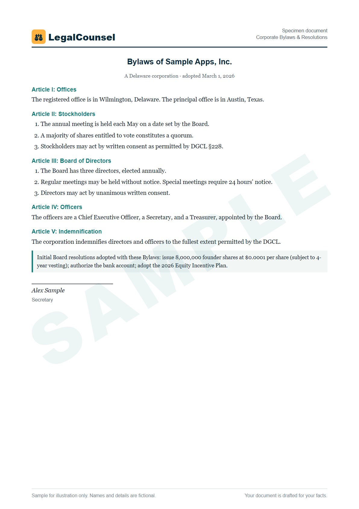Sample Corporate Bylaws & Resolutions prepared by our lawyers, with fictional names
