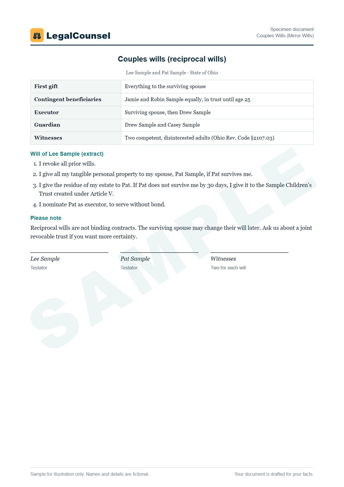 Sample Couples Wills (Mirror Wills) prepared by our lawyers, with fictional names