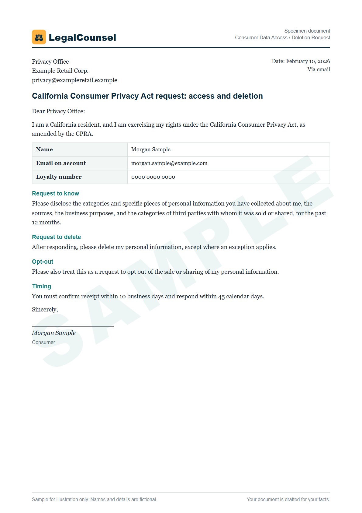 Sample Consumer Data Access / Deletion Request prepared by our lawyers, with fictional names
