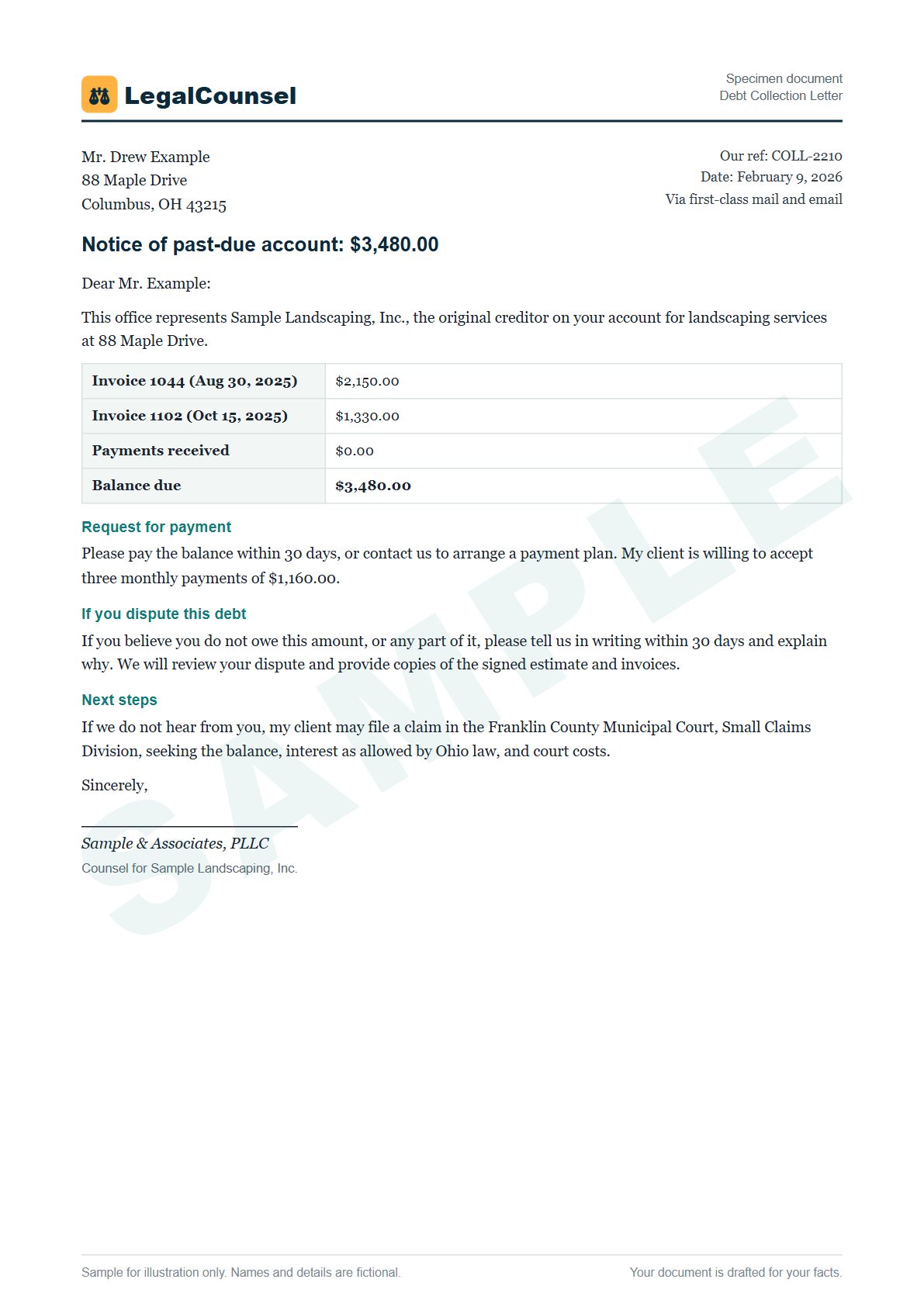 Sample Debt Collection Letter prepared by our lawyers, with fictional names