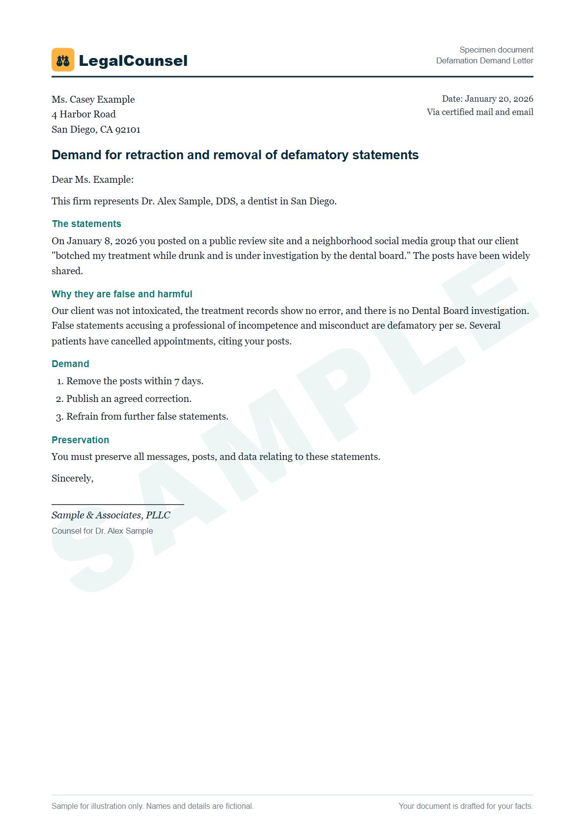 Sample Defamation Demand Letter prepared by our lawyers, with fictional names