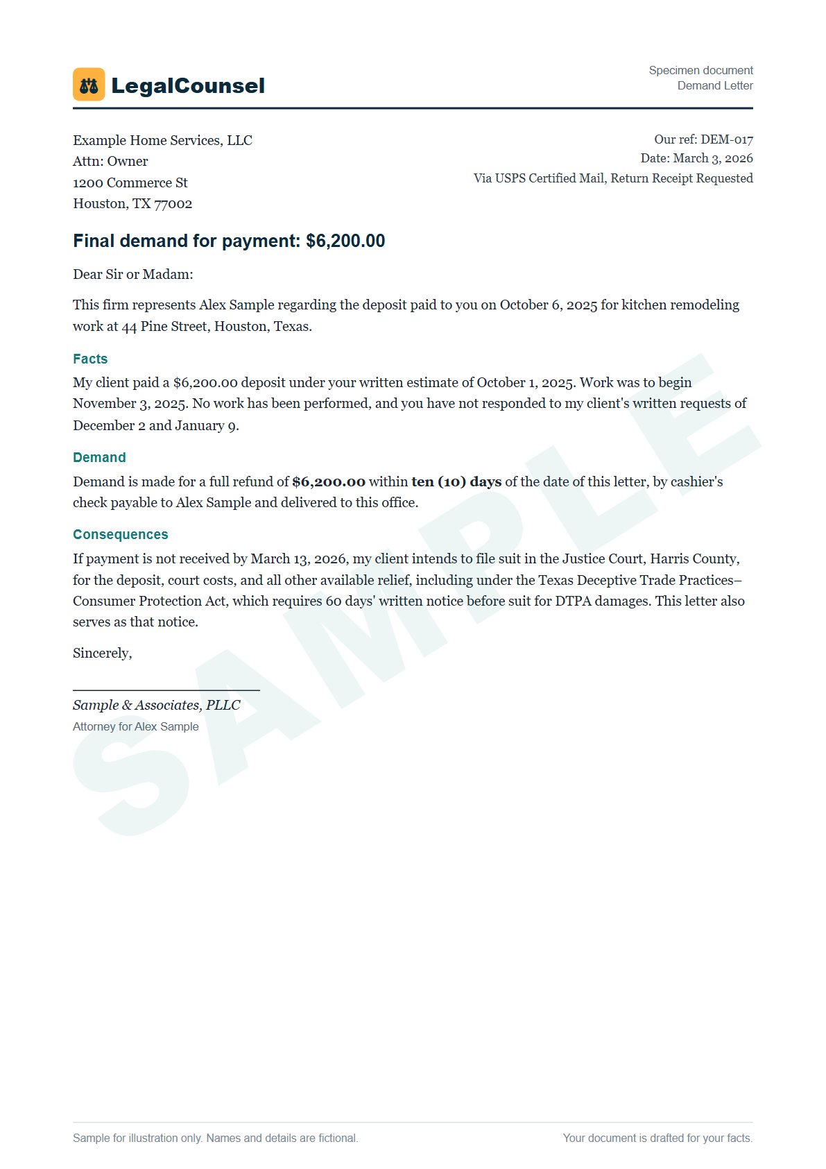 Sample Demand Letter prepared by our lawyers, with fictional names