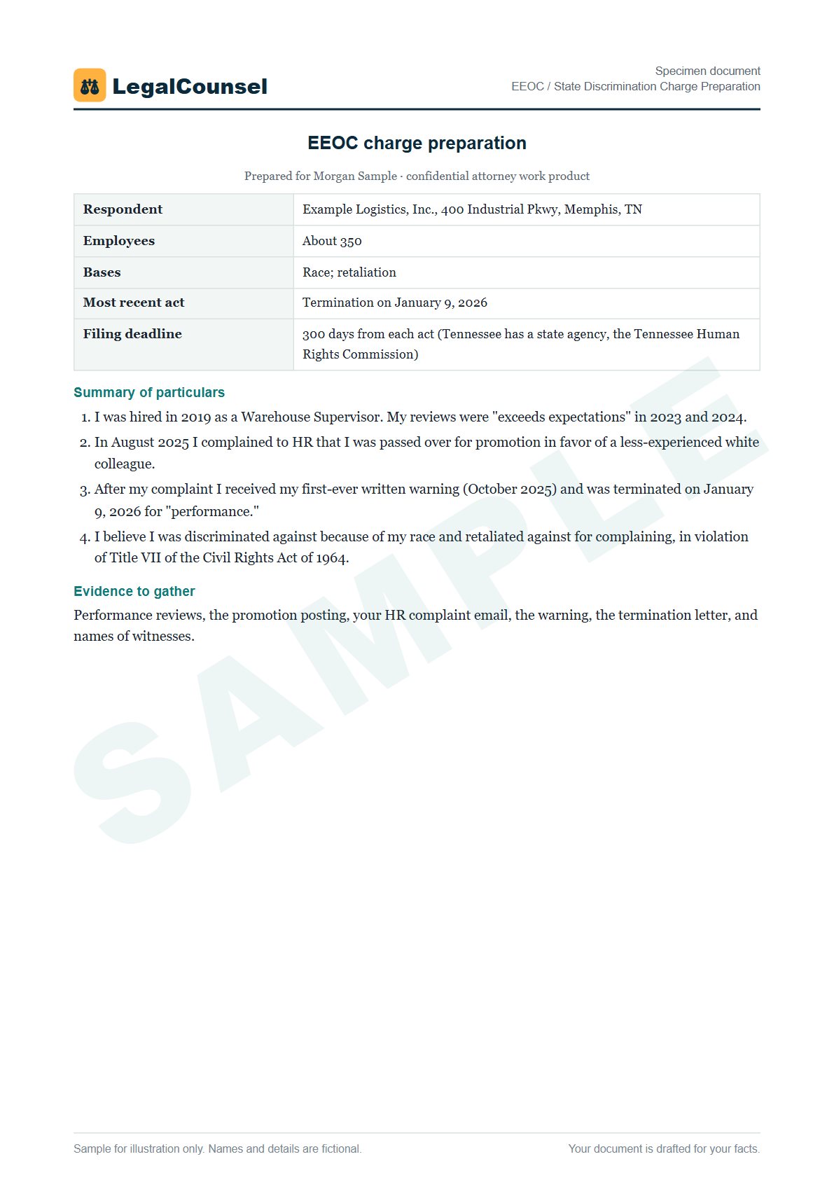 Sample EEOC / State Discrimination Charge Preparation prepared by our lawyers, with fictional names