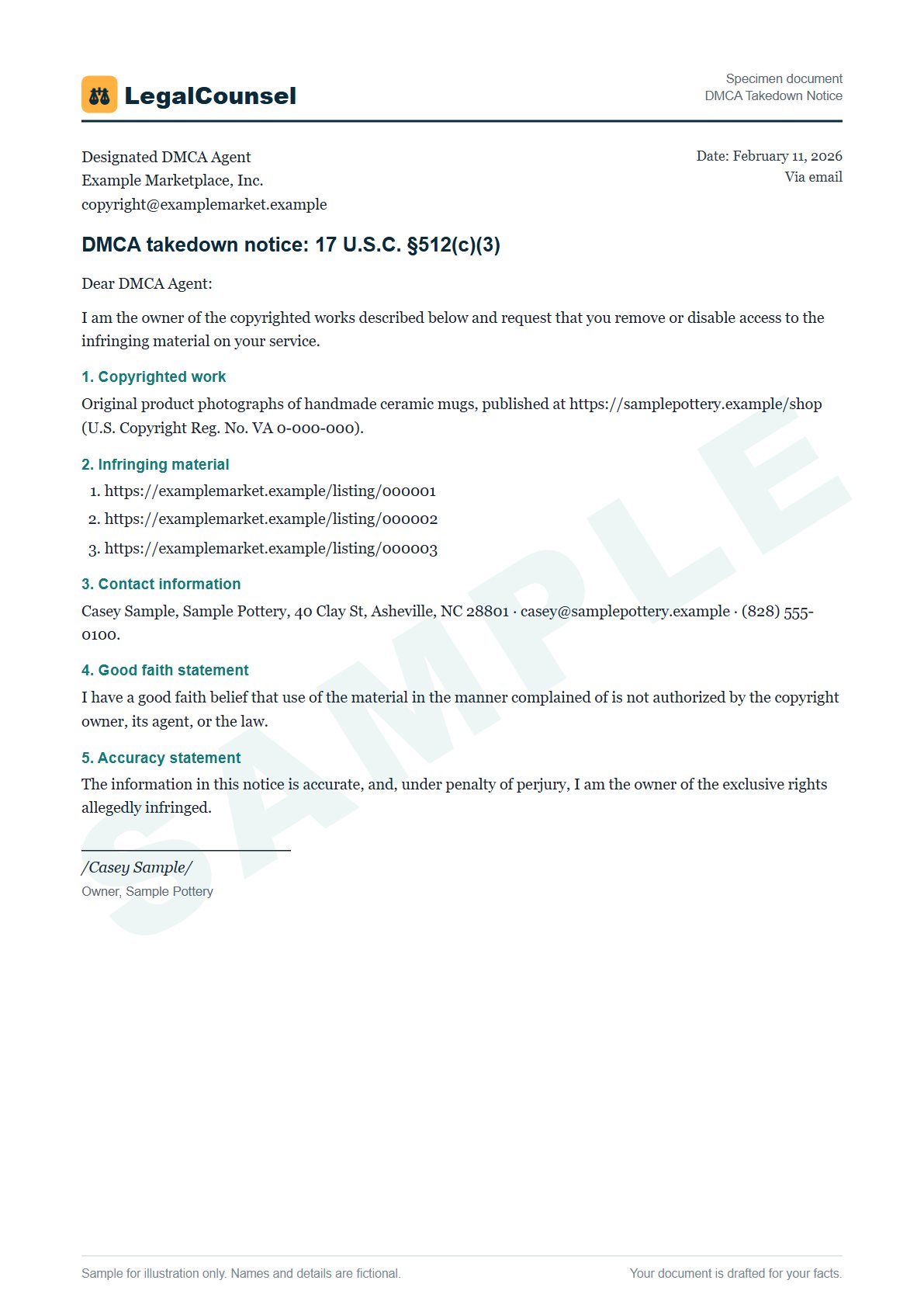 Sample DMCA Takedown Notice prepared by our lawyers, with fictional names