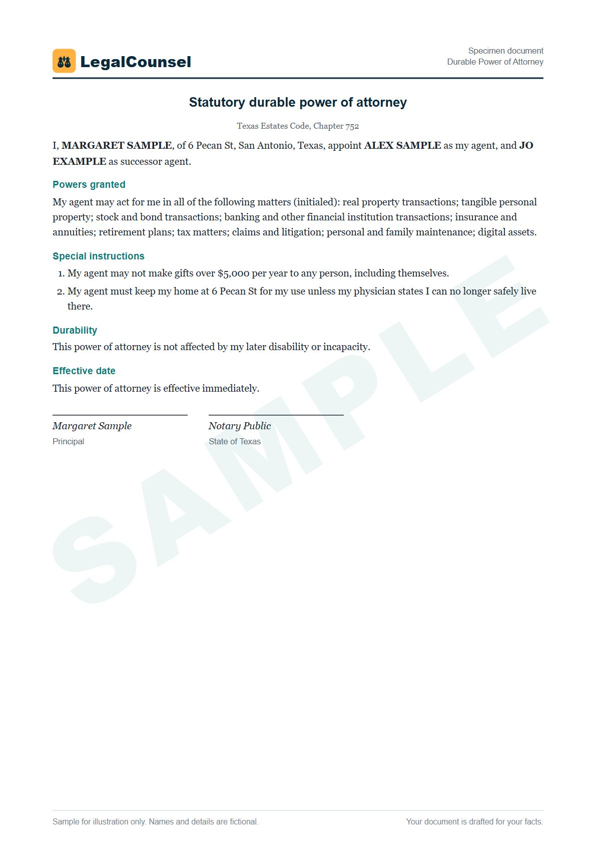 Sample Durable Power of Attorney prepared by our lawyers, with fictional names