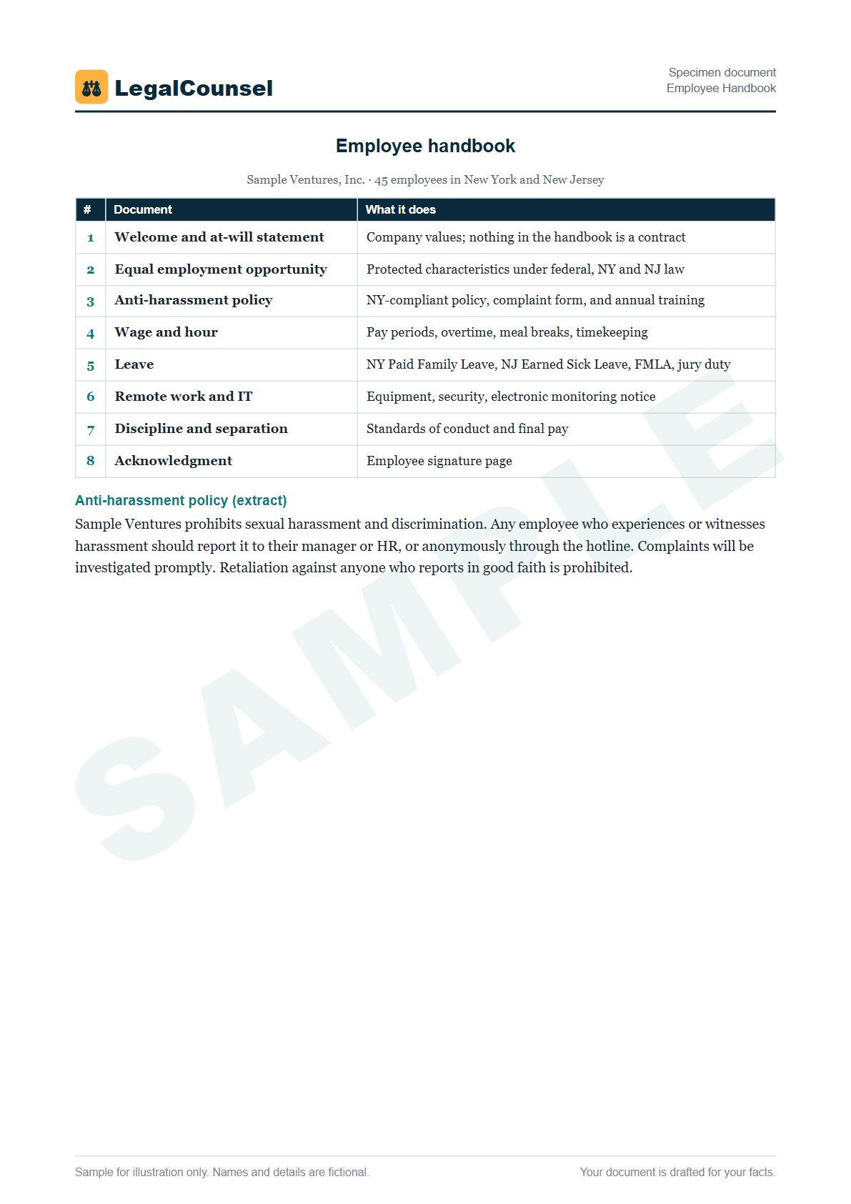 Sample Employee Handbook prepared by our lawyers, with fictional names