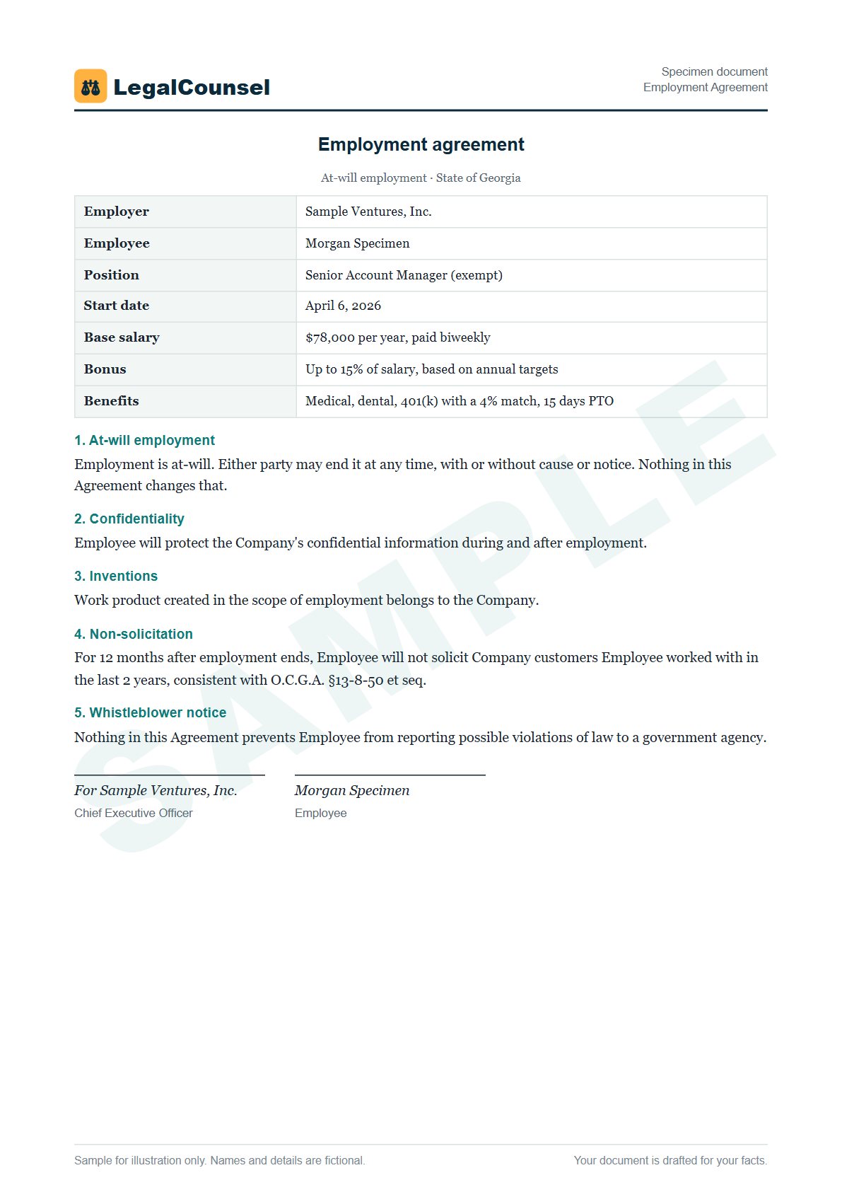 Sample Employment Agreement prepared by our lawyers, with fictional names