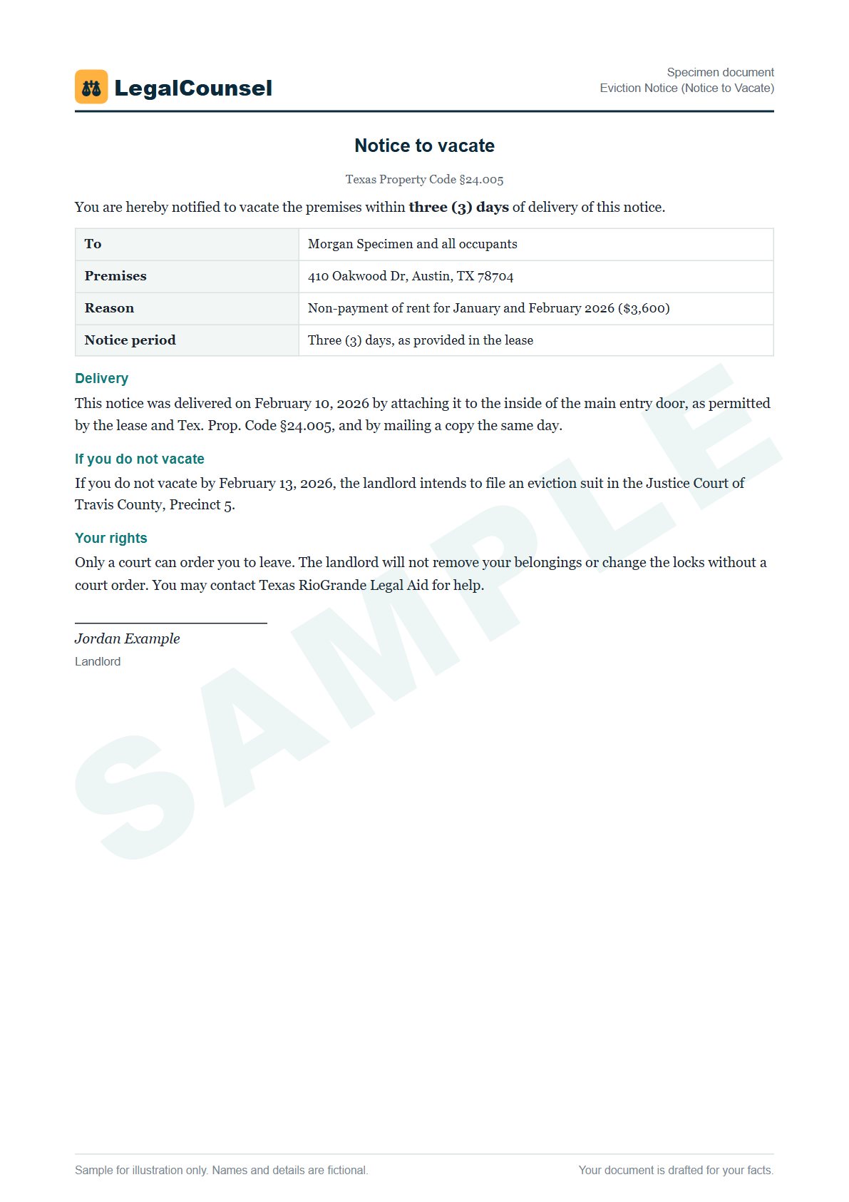 Sample Eviction Notice (Notice to Vacate) prepared by our lawyers, with fictional names