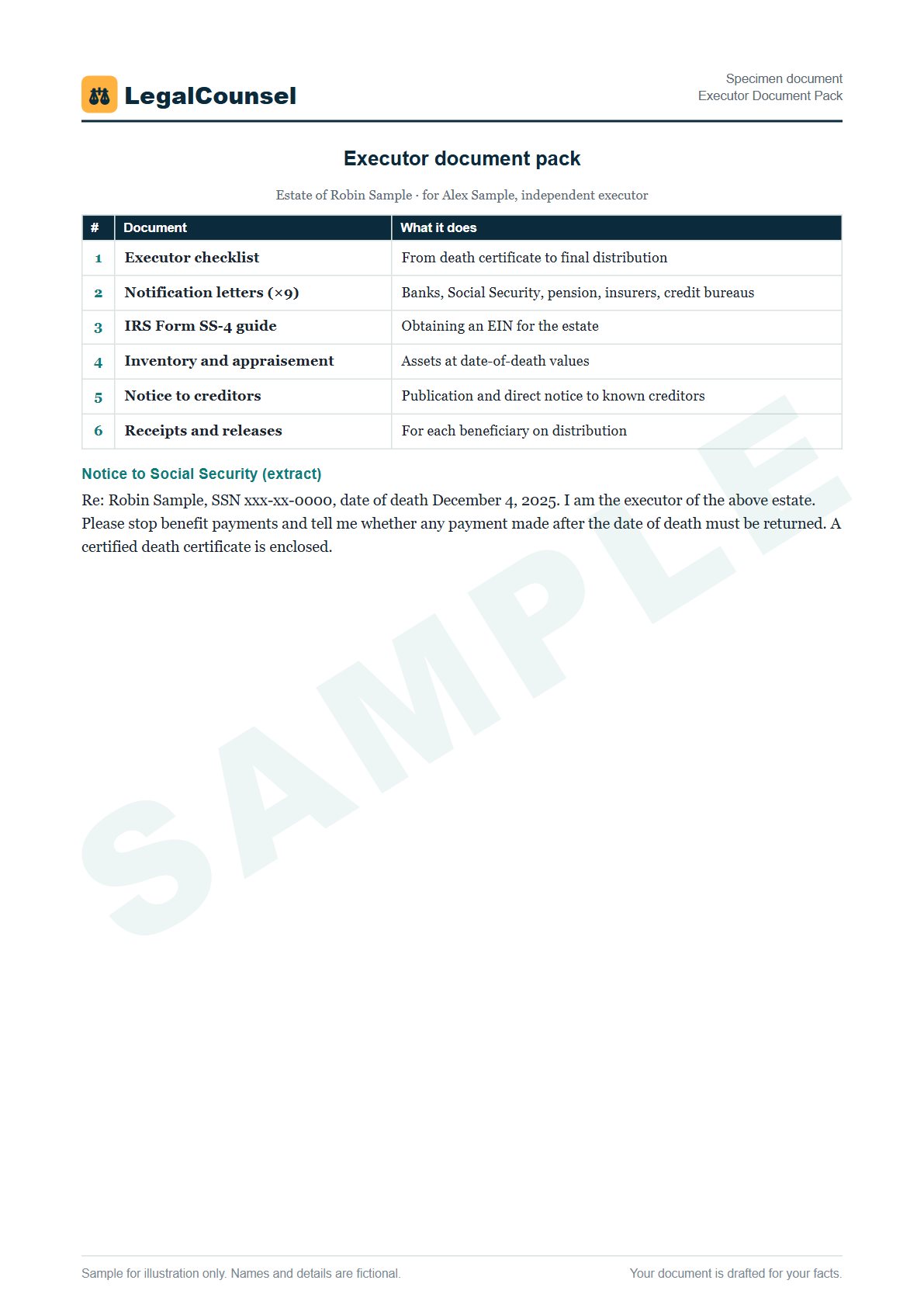 Sample Executor Document Pack prepared by our lawyers, with fictional names