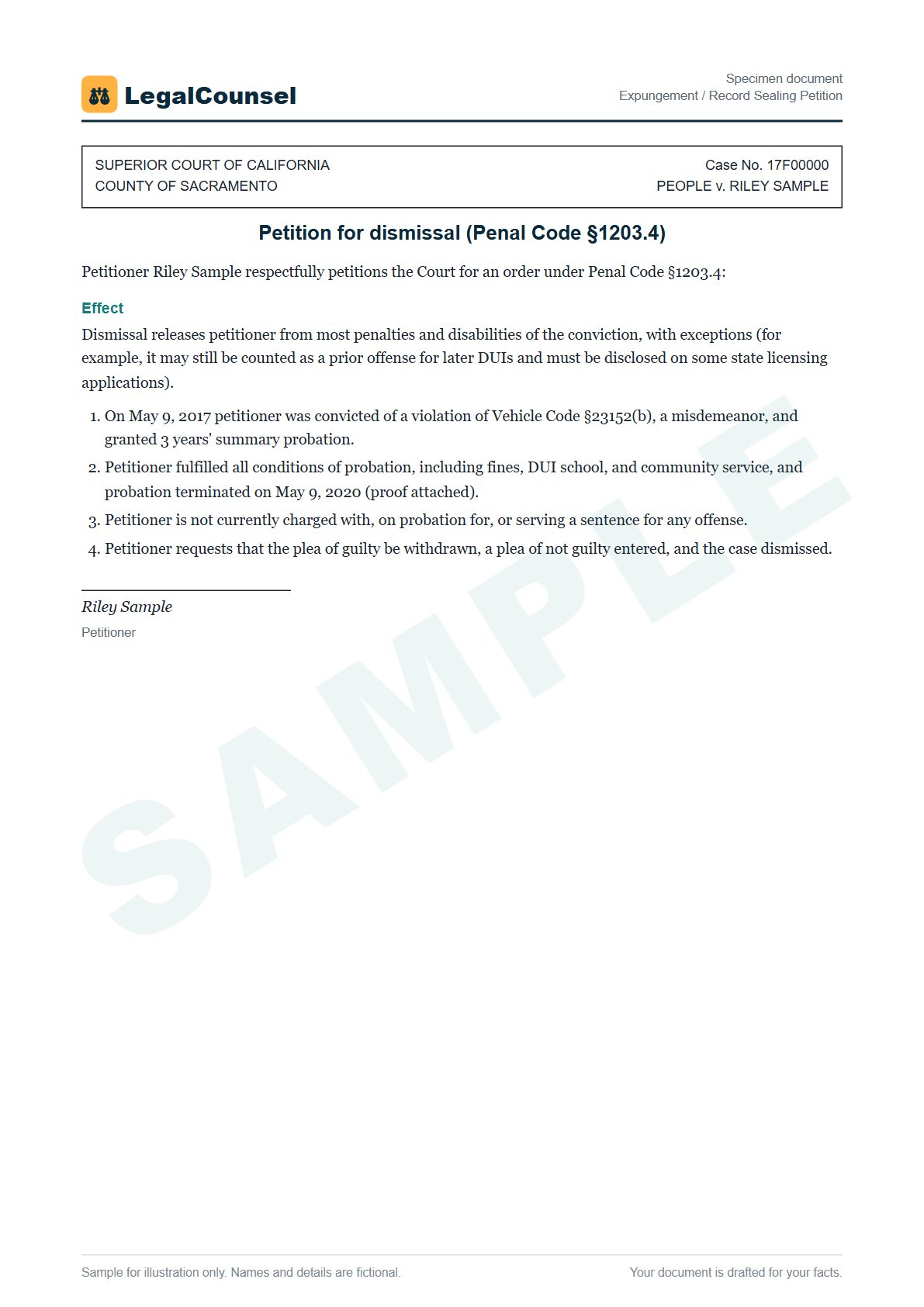 Sample Expungement / Record Sealing Petition prepared by our lawyers, with fictional names