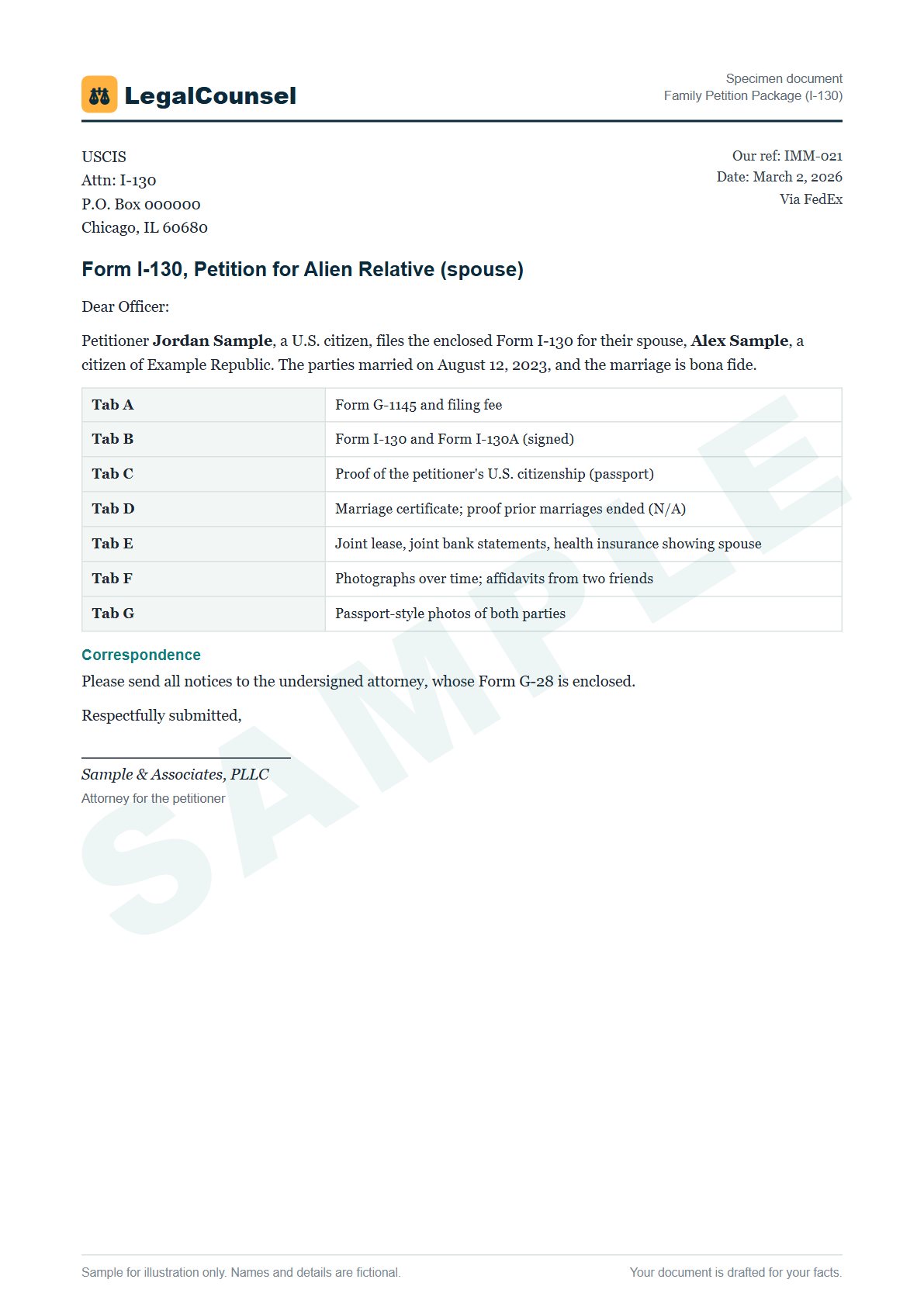 Sample Family Petition Package (I-130) prepared by our lawyers, with fictional names